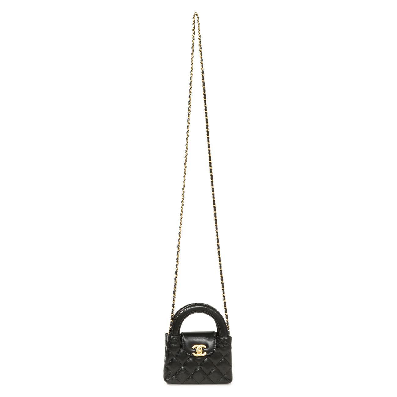 Exclusive Chanel Black Shiny Aged Calfskin Quilted Mini Nano Kelly Shopper — Front View