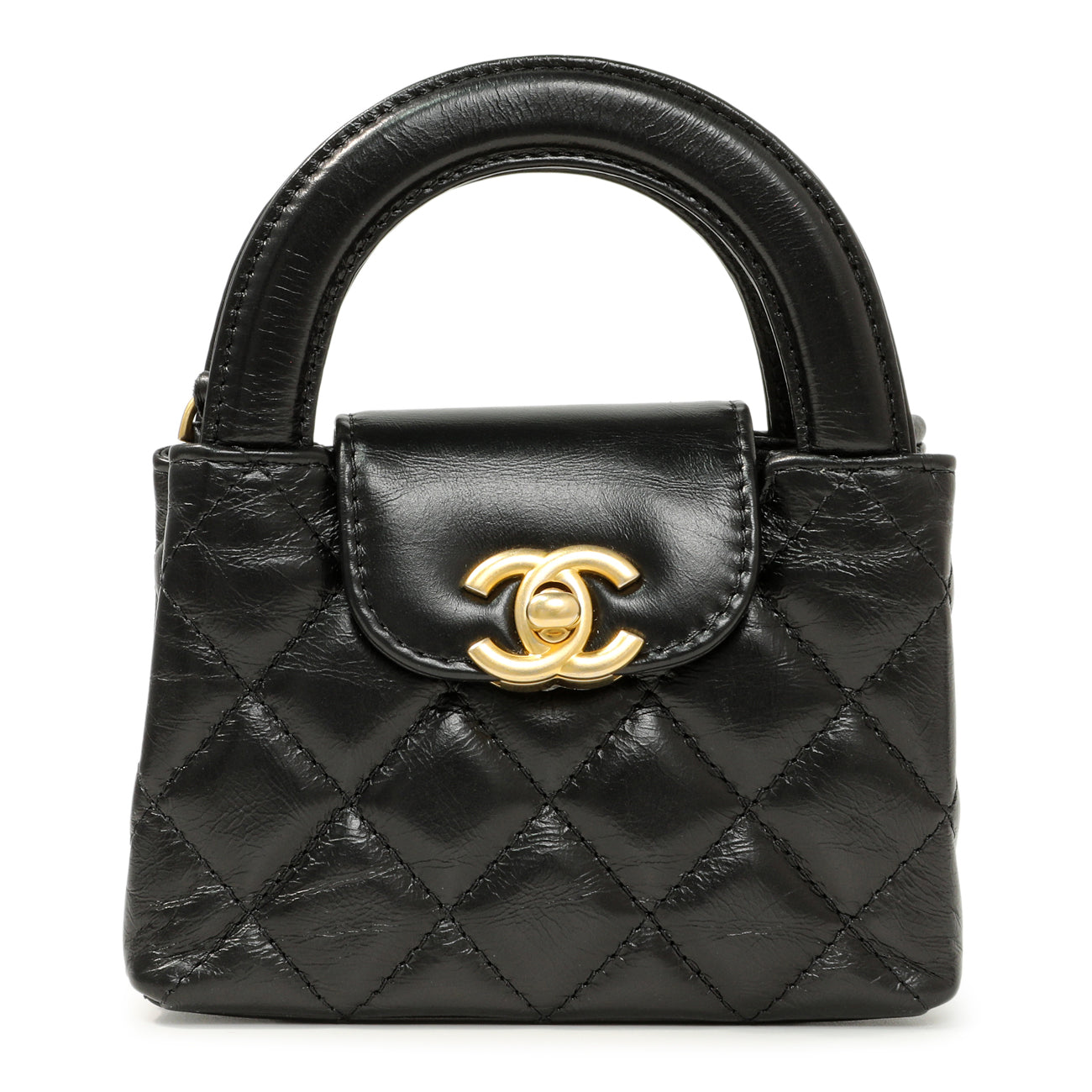 Exclusive Chanel Black Shiny Aged Calfskin Quilted Mini Nano Kelly Shopper — Side View