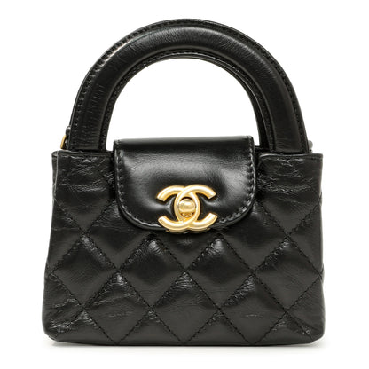 Exclusive Chanel Black Shiny Aged Calfskin Quilted Mini Nano Kelly Shopper — Side View