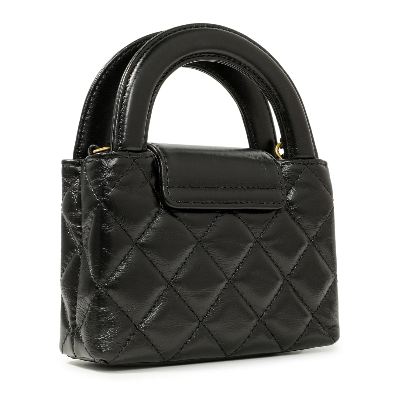 Exclusive Chanel Black Shiny Aged Calfskin Quilted Mini Nano Kelly Shopper — Back View
