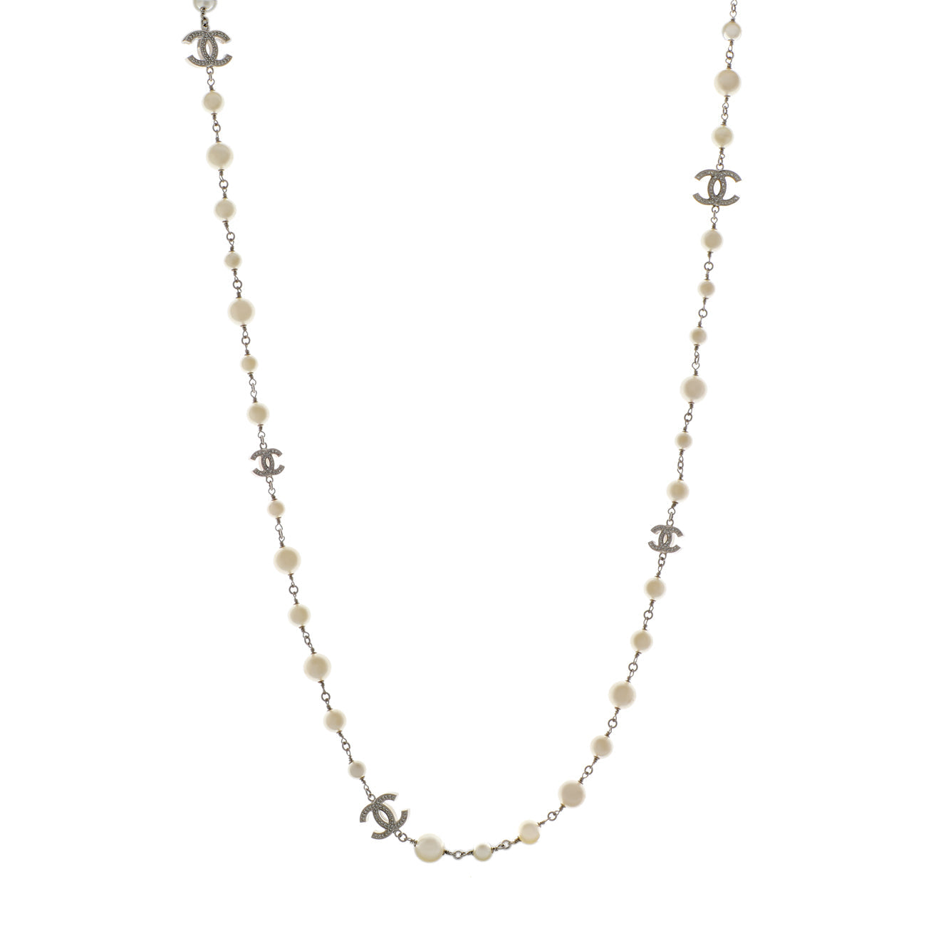 Exclusive Chanel Pearl Crystal CC Long Necklace — Front View