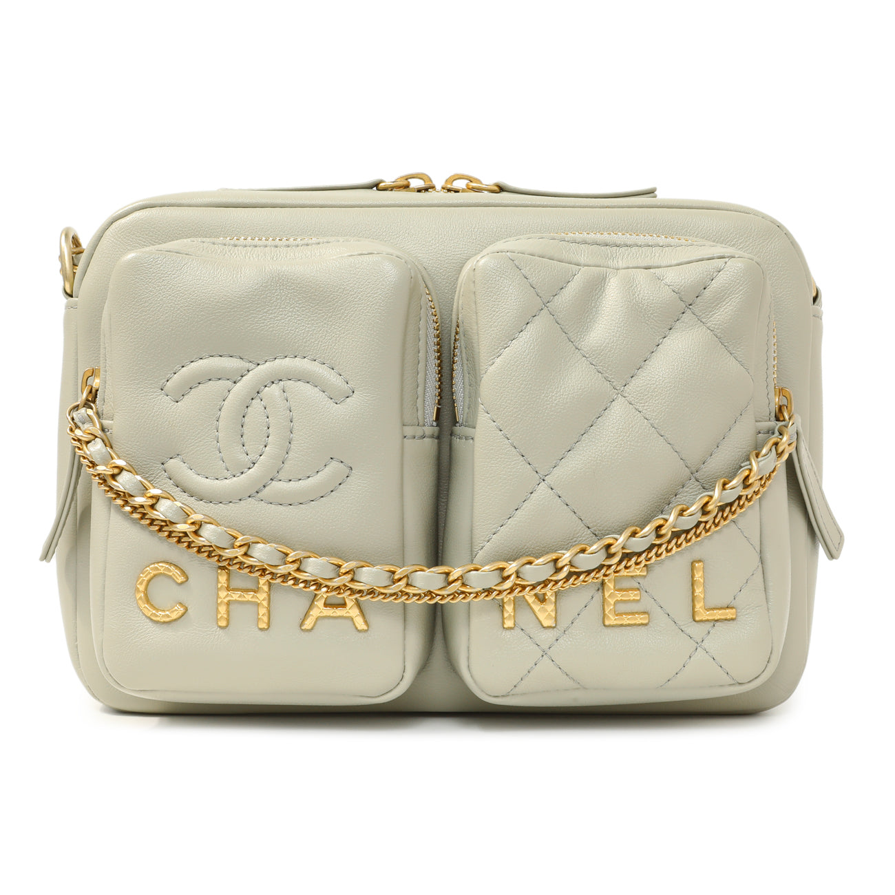 Exclusive Chanel Grey Quilted Calfskin Small Camera Case — Side View