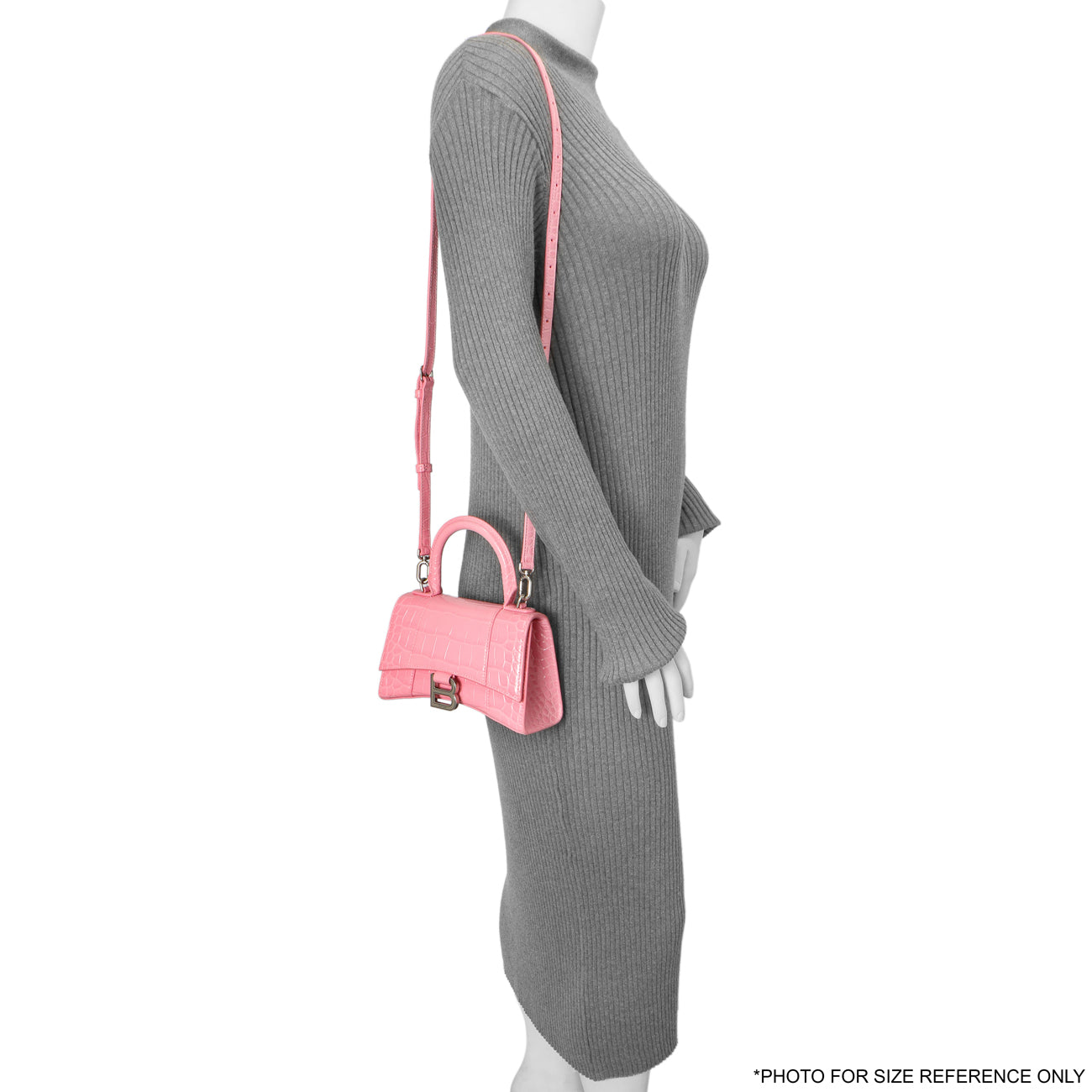 Exclusive Balenciaga Sweet Pink Crocodile Embossed Hourglass Top Handle Bag XS — Lifestyle View