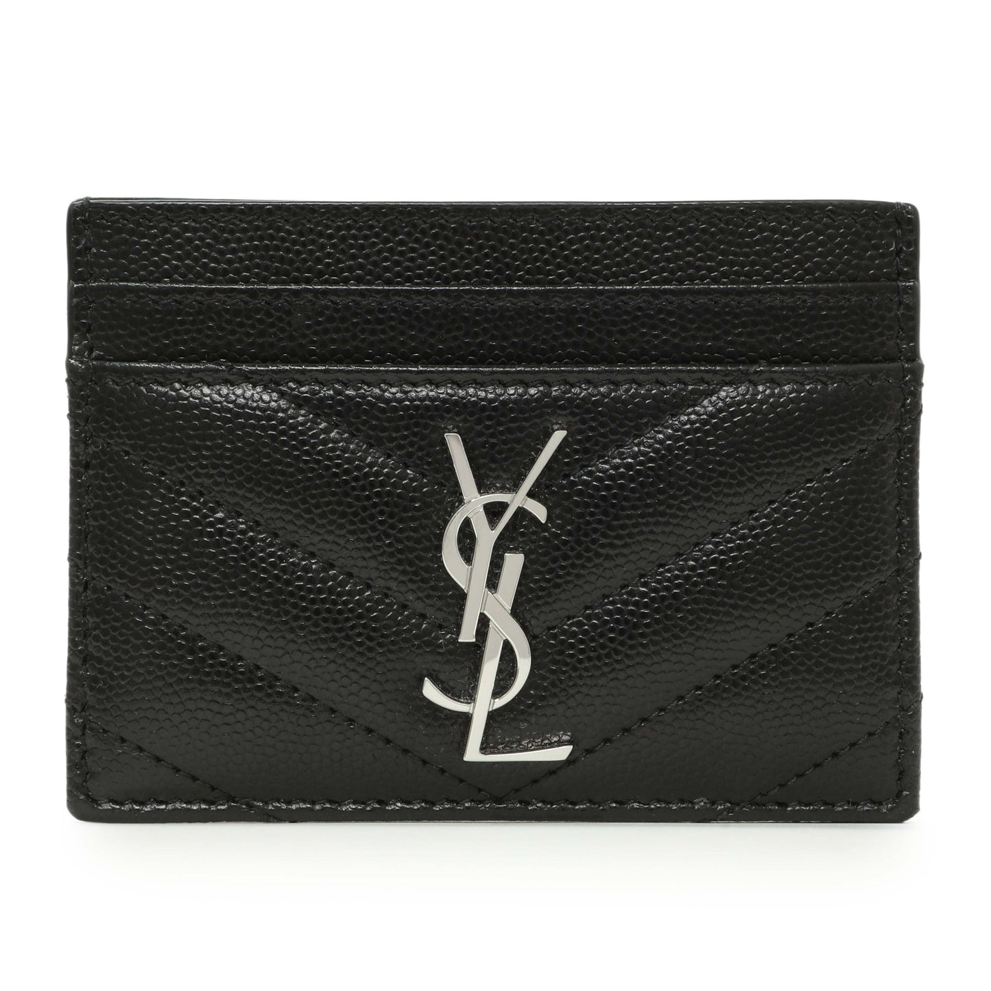 Exclusive Saint Laurent Black Grain De Poudre Matelasse Chevron Monogram Credit Card Case — Front View