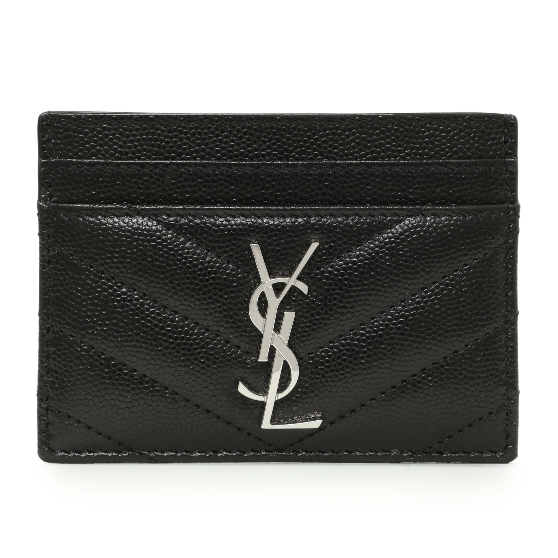 Exclusive Saint Laurent Black Grain De Poudre Matelasse Chevron Monogram Credit Card Case — Front View