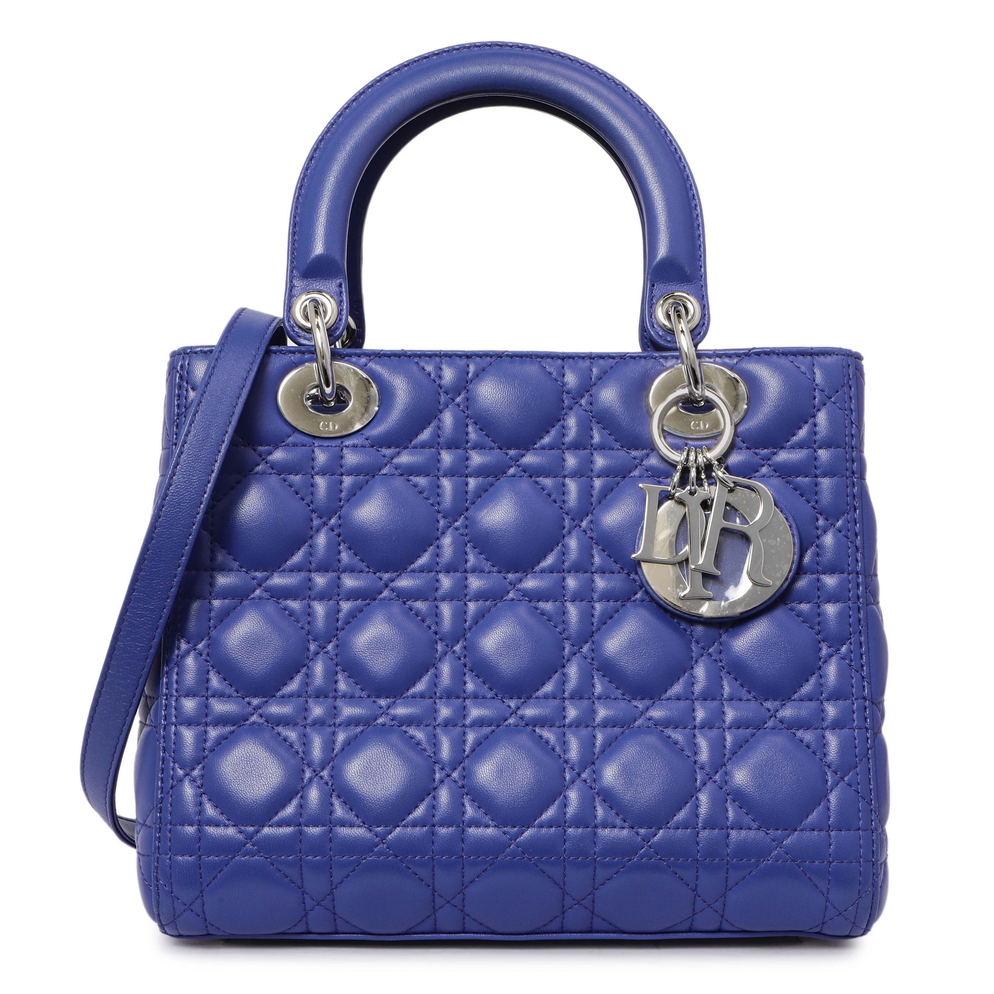 Exclusive Christian Dior Blue Lambskin Cannage Medium Lady Dior — Front View