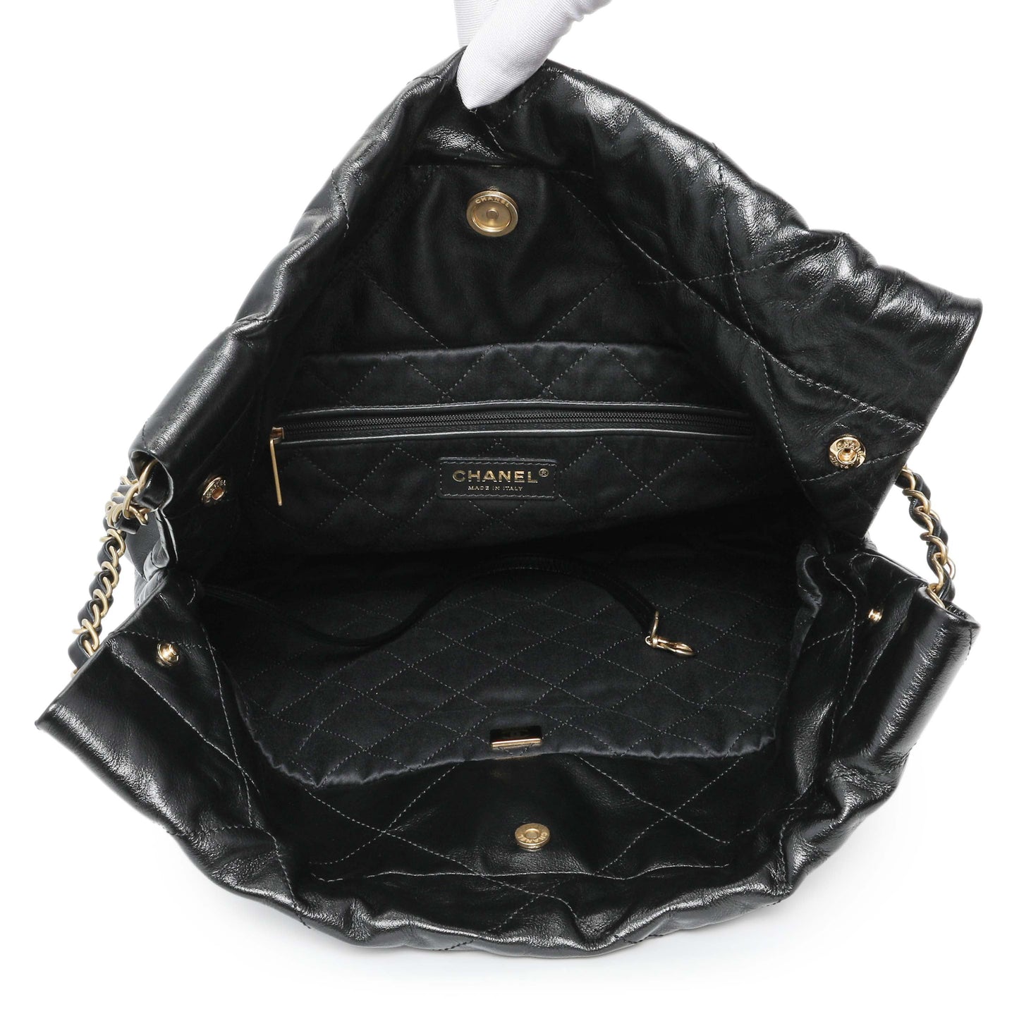 Exclusive Chanel Black Quilted Shiny Calfskin Small Chanel 22 — Top View