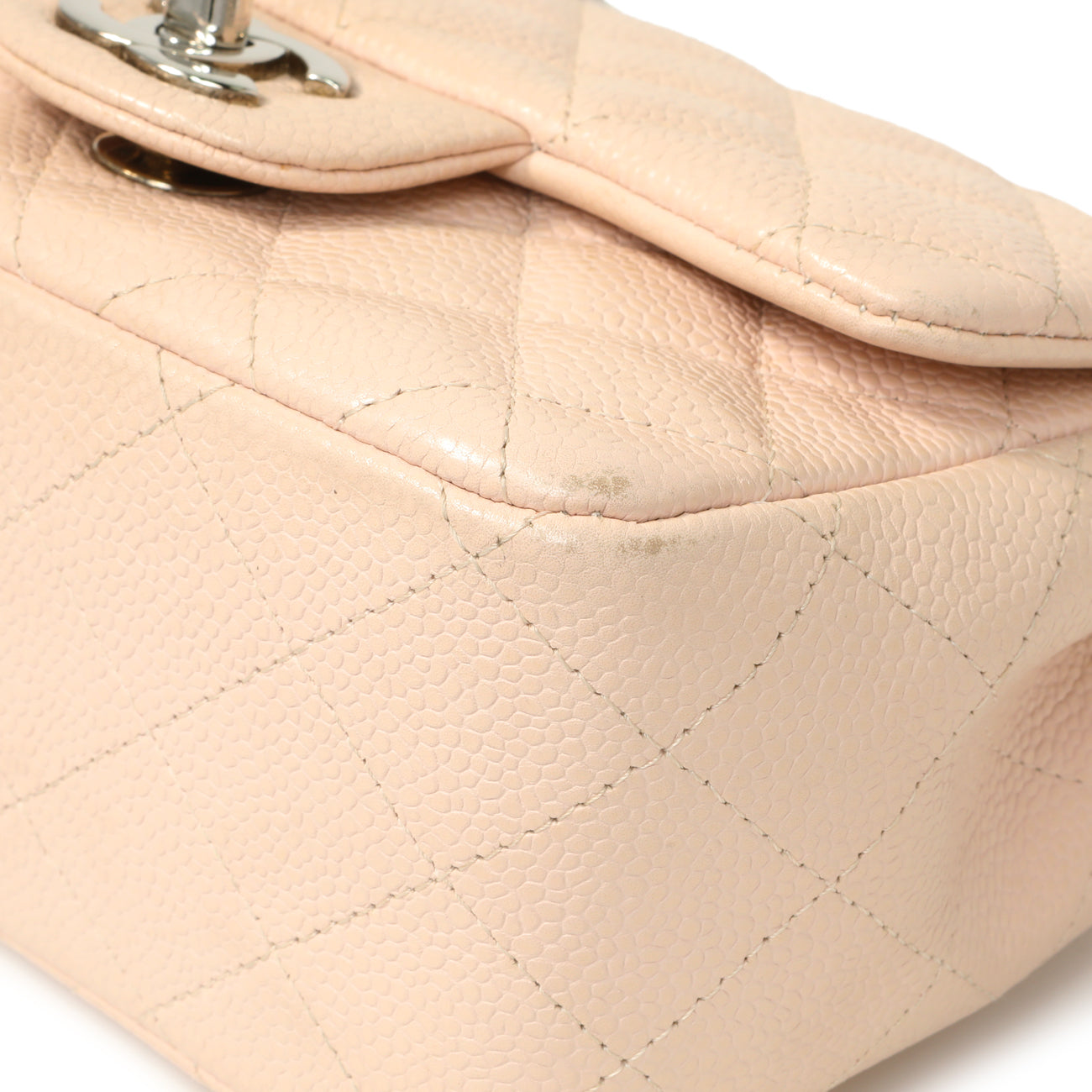 Exclusive Chanel Light Pink Quilted Caviar Mini Square Flap — Detail View