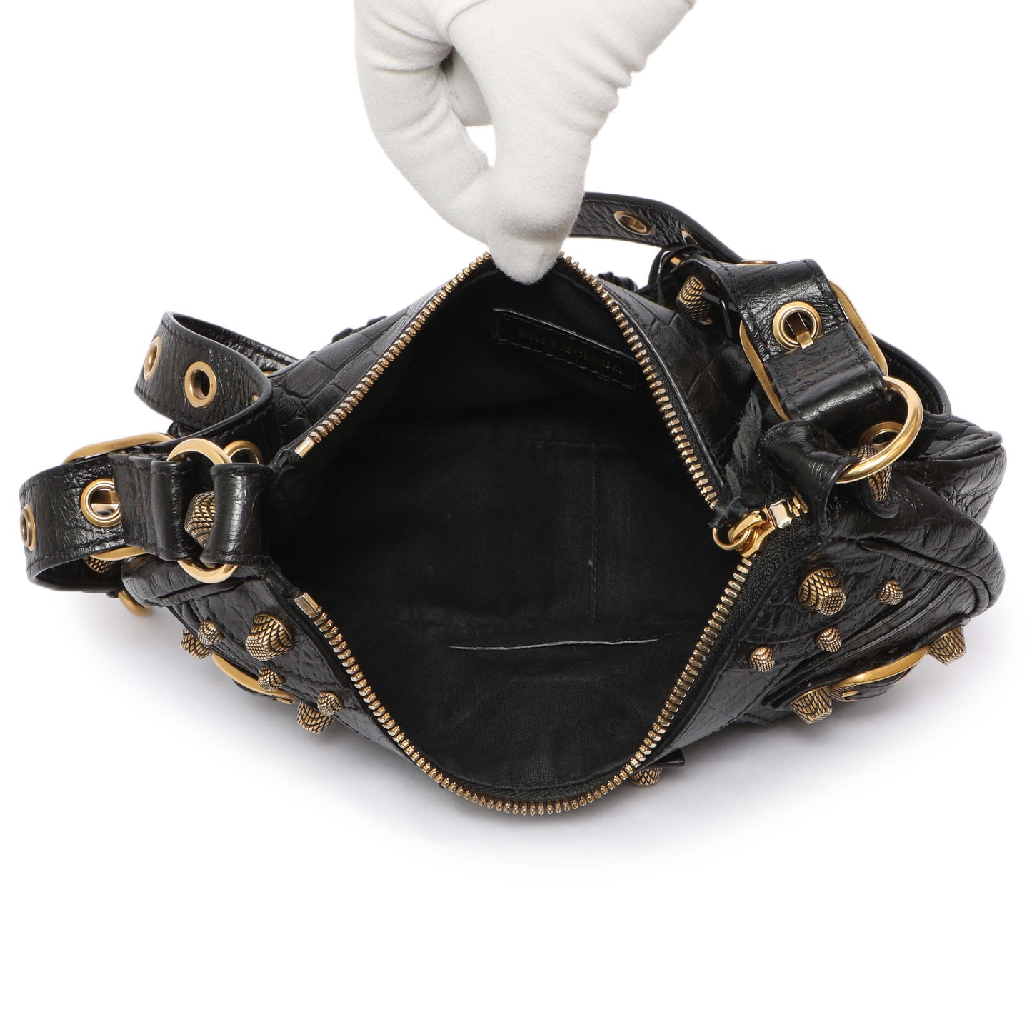 Exclusive Balenciaga Black Crocodile Embossed Le Cagole Shoulder Bag XS — Detail View