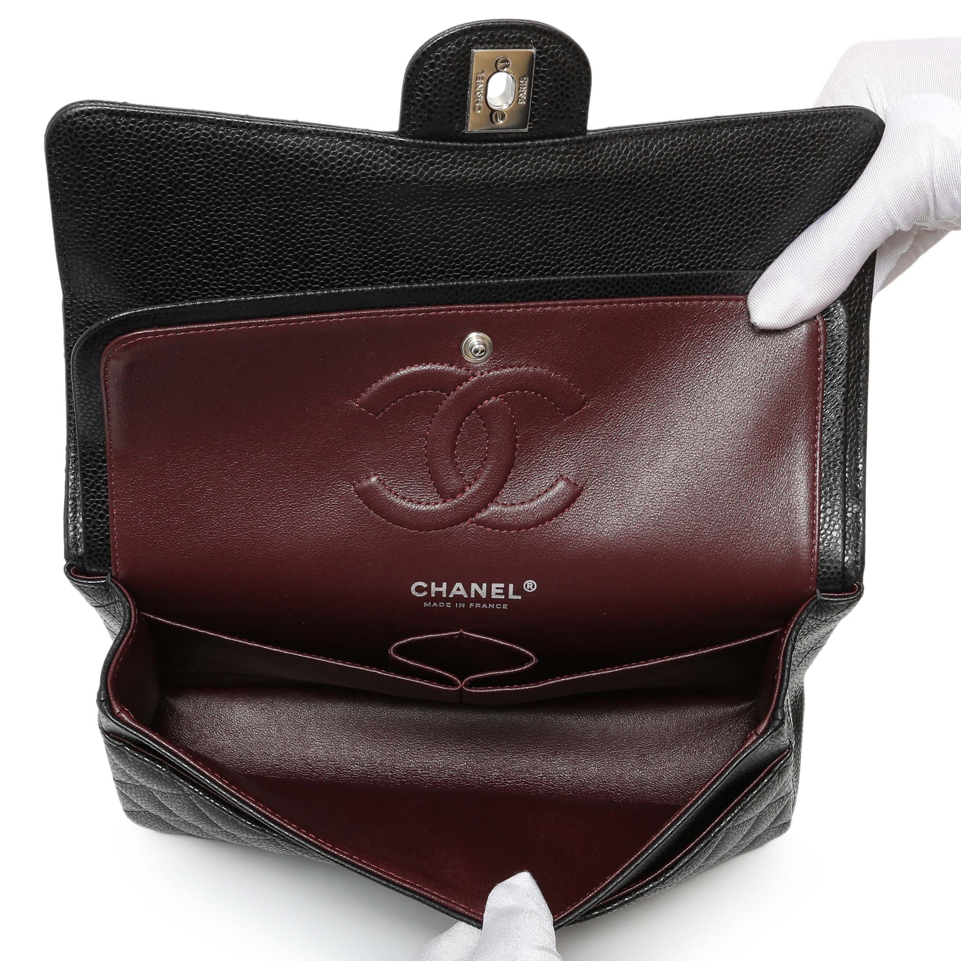 Exclusive Chanel Black Quilted Caviar Medium Classic Double Flap — Top View
