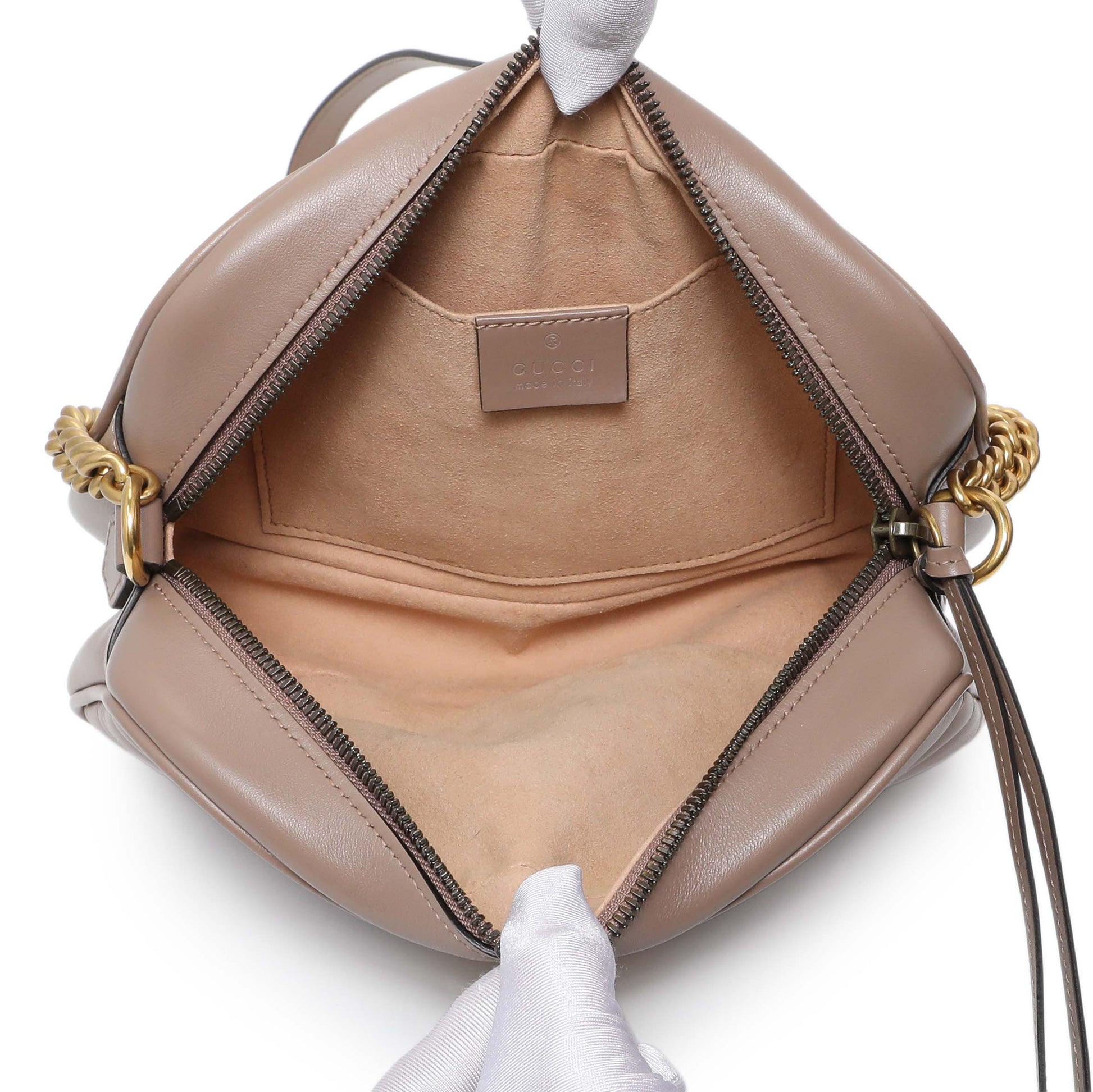 Exclusive Gucci Porcelain Rose Calfskin Matelasse Small GG Marmont Chain Shoulder Bag — Top View
