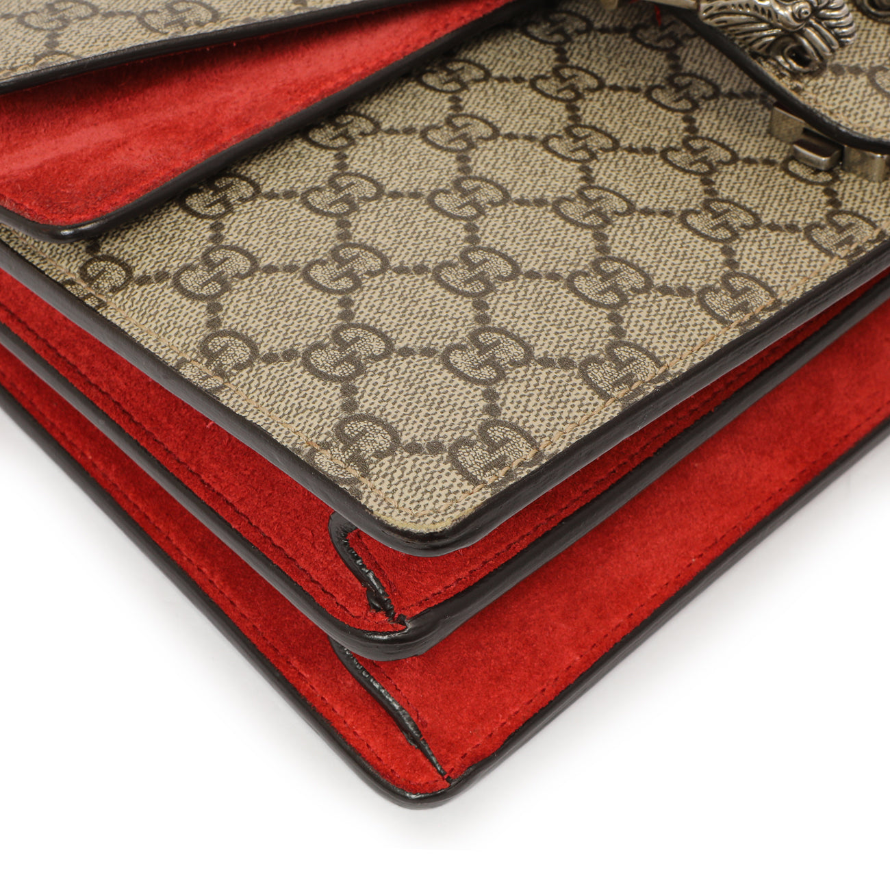 Exclusive Gucci Red GG Supreme Monogram Small Dionysus Shoulder Bag — Detail View