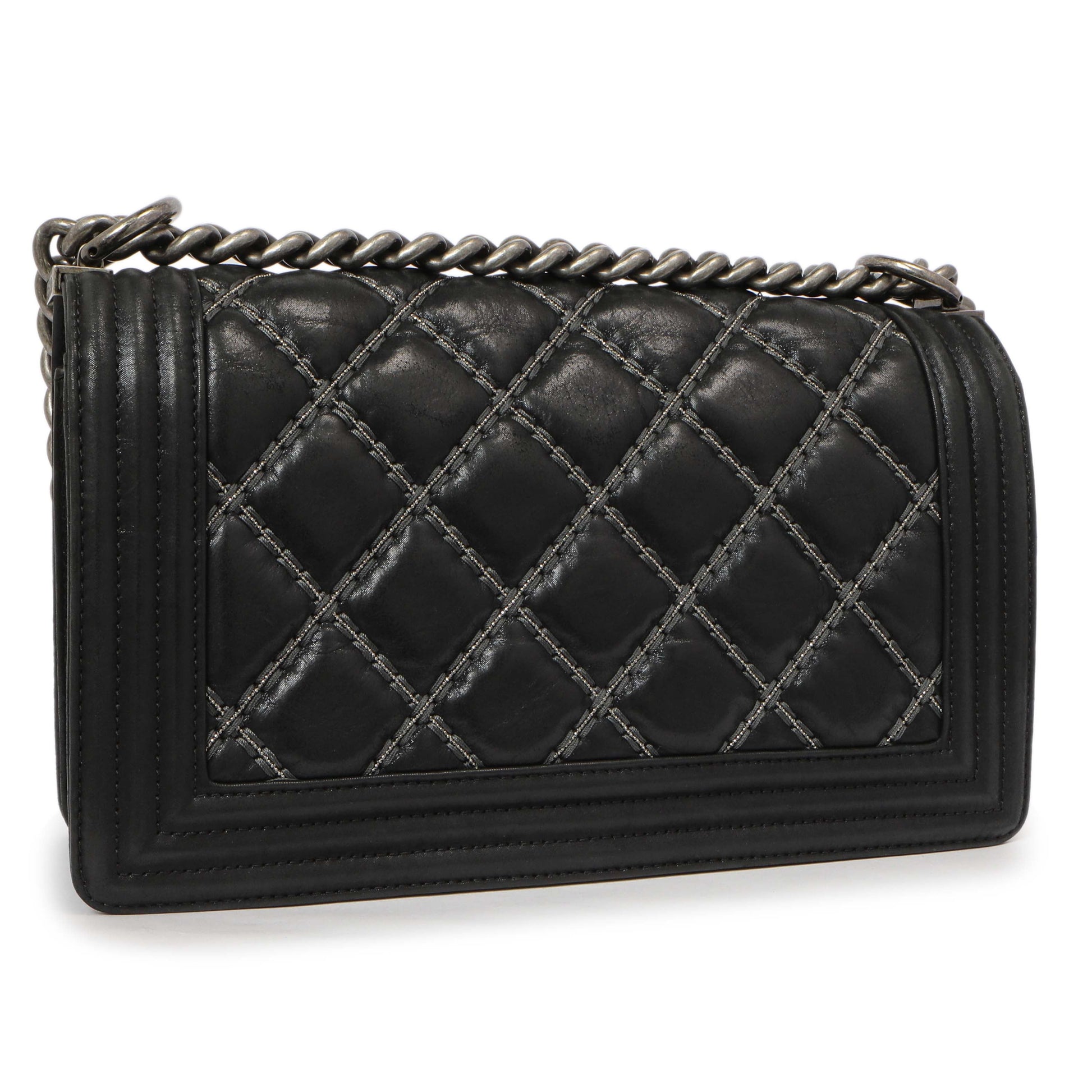 Exclusive Chanel Black Quilted Iridescent Calfskin Embellished Double Stitch Medium Boy Bag — Side View