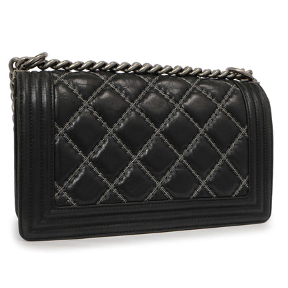 Exclusive Chanel Black Quilted Iridescent Calfskin Embellished Double Stitch Medium Boy Bag — Side View