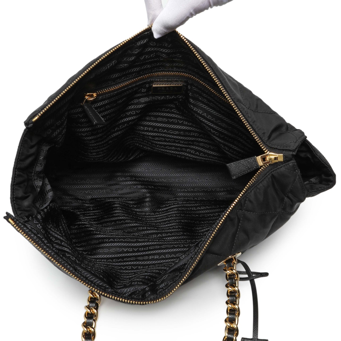 Exclusive Prada Black Re-Nylon Triangle Stitched Re-Edition 1995 Chaine Large Shoulder Bag — Top View