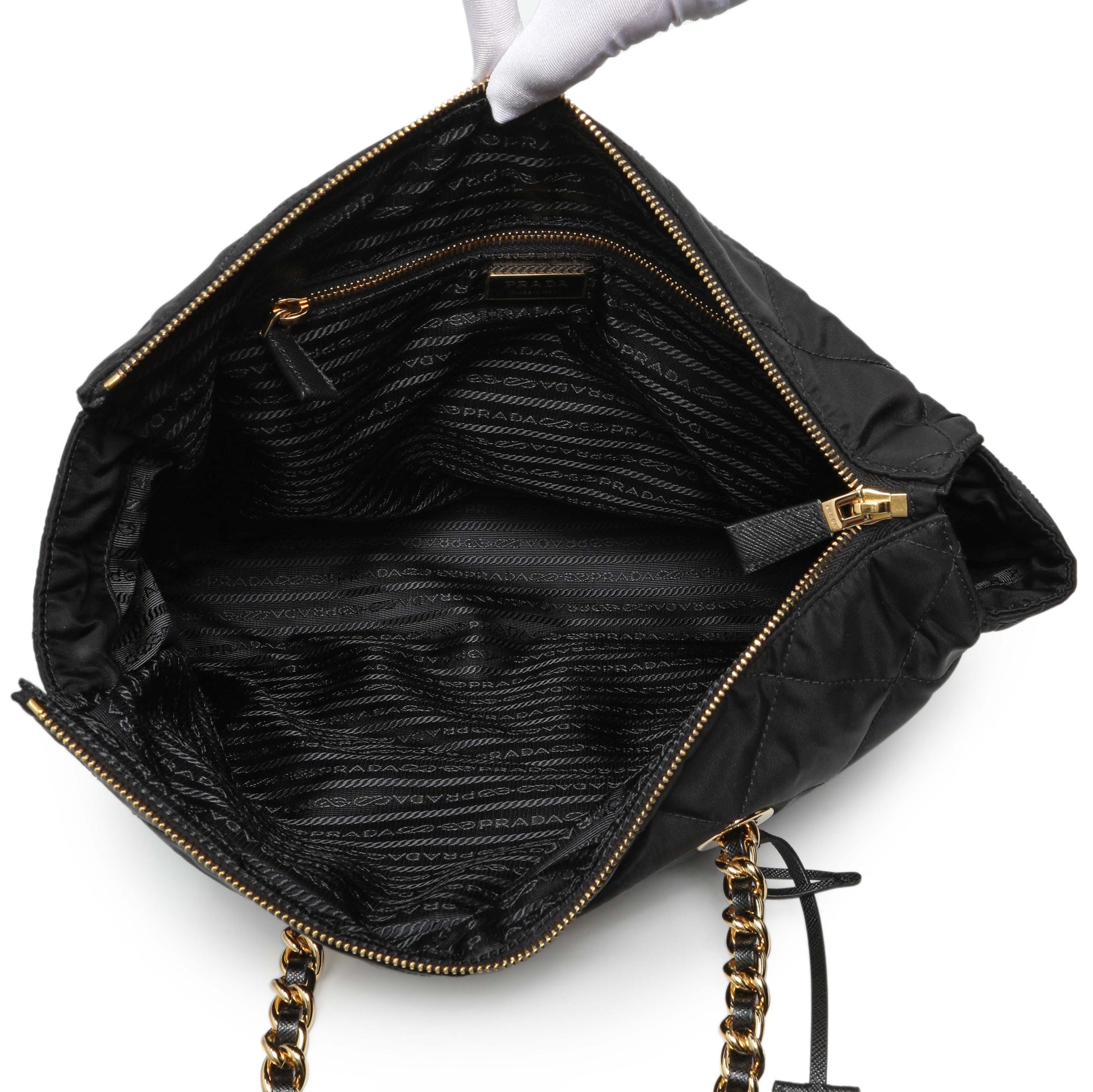 Exclusive Prada Black Re-Nylon Triangle Stitched Re-Edition 1995 Chaine Large Shoulder Bag — Top View