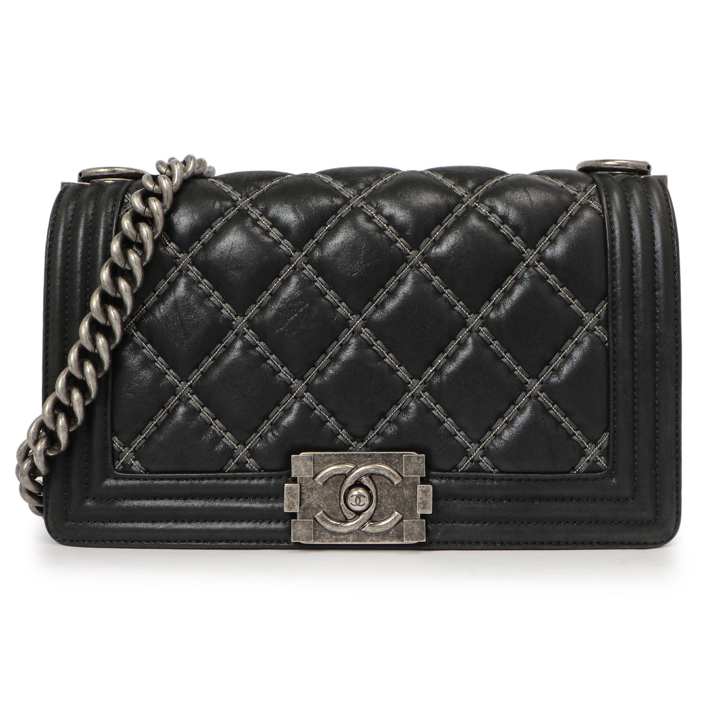 Exclusive Chanel Black Quilted Iridescent Calfskin Embellished Double Stitch Medium Boy Bag — Front View