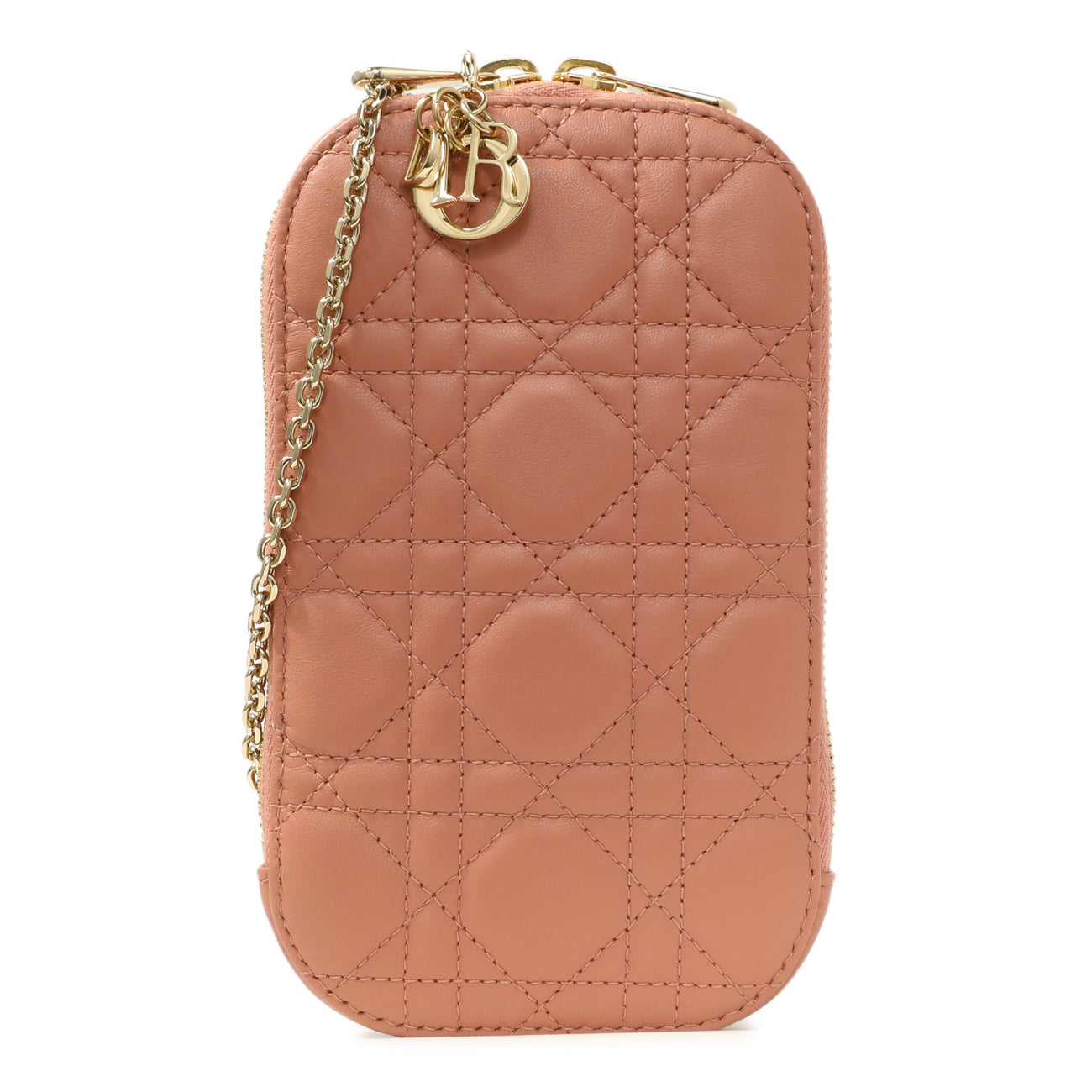 Exclusive Christian Dior Deep Nude Lambskin Cannage Lady Dior Phone Holder — Front View