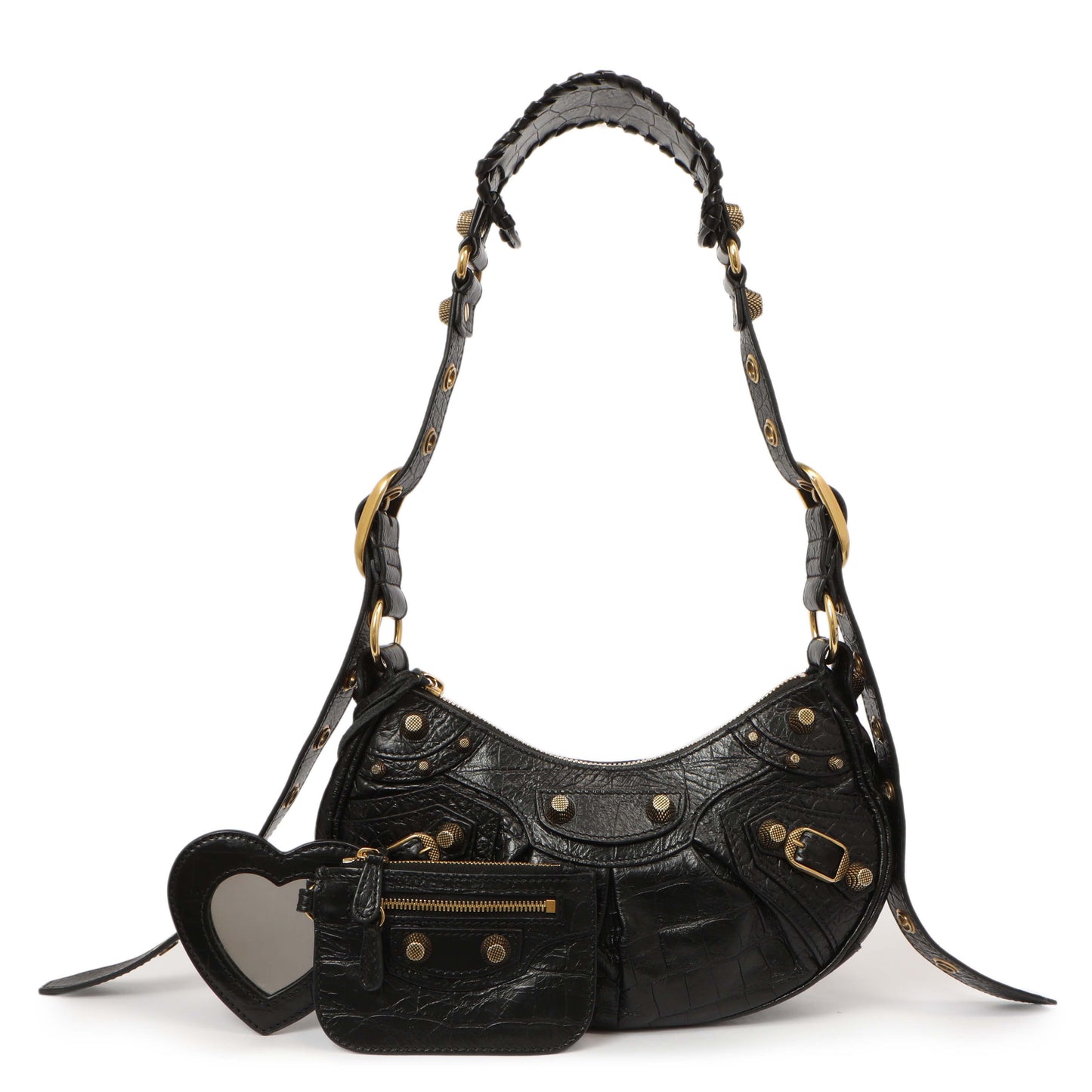 Exclusive Balenciaga Black Crocodile Embossed Le Cagole Shoulder Bag XS — Front View
