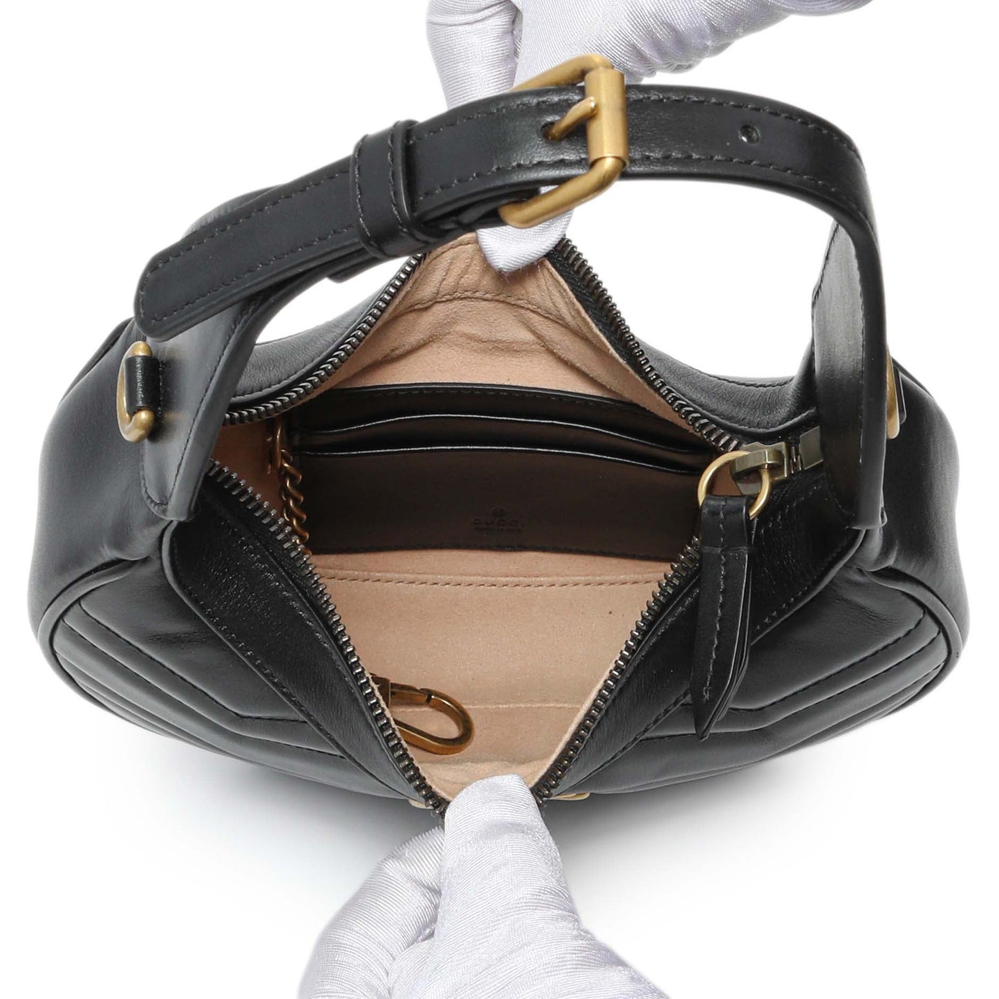 Exclusive Gucci Black Calfskin Matelasse Chevron Mini GG Marmont Half Moon Hobo — Top View