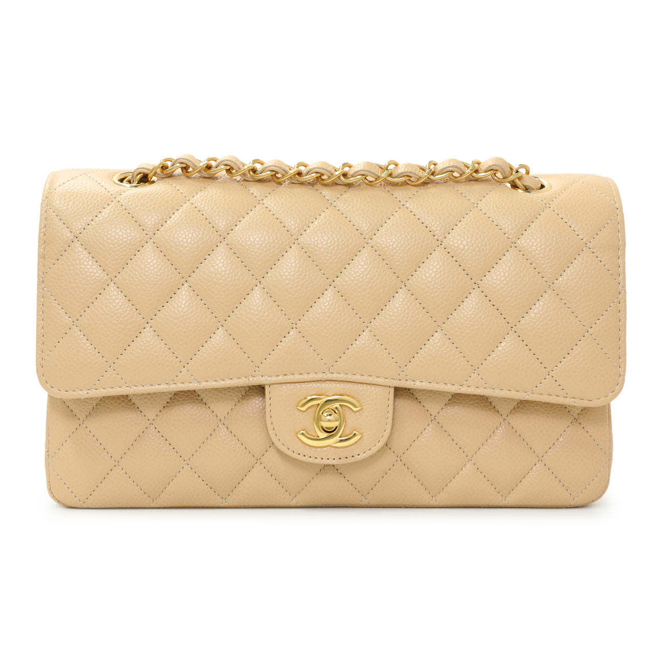 Exclusive Chanel Beige Quilted Caviar Medium Double Flap — Front View
