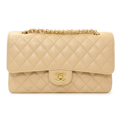 Exclusive Chanel Beige Quilted Caviar Medium Double Flap — Front View