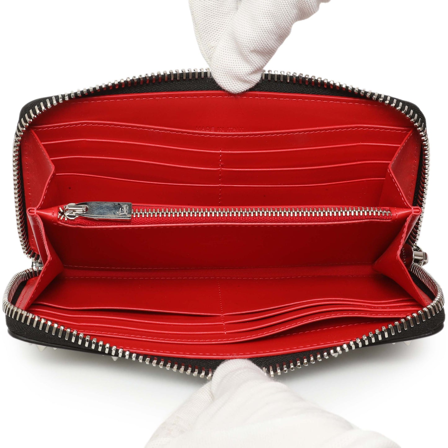 Exclusive Christian Louboutin Silver Patent Leather Panettone Spiked Zip Around Wallet — Top View