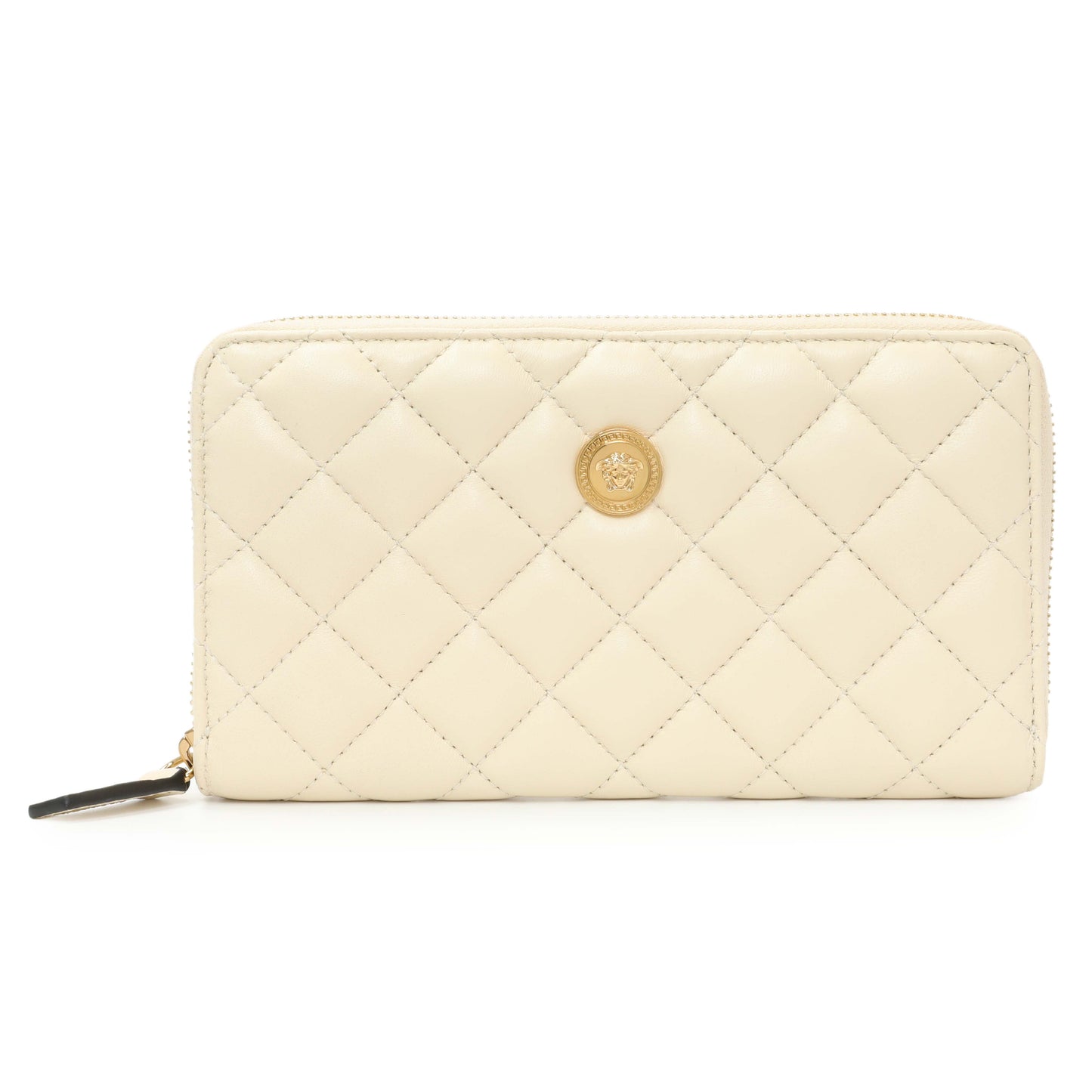 Exclusive Versace White Nappa Quilted La Medusa Zip Around Wallet — Front View