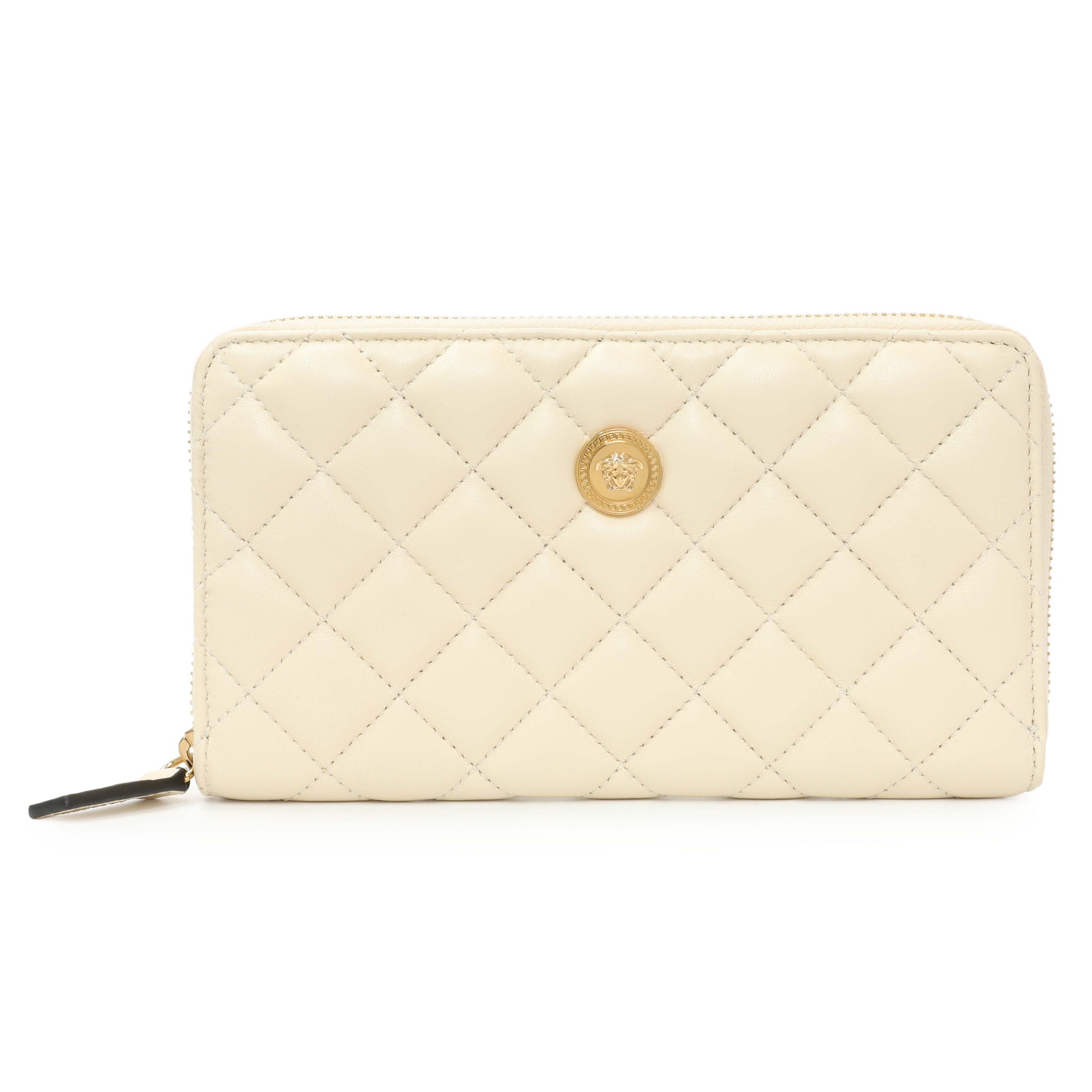 Exclusive Versace White Nappa Quilted La Medusa Zip Around Wallet — Front View