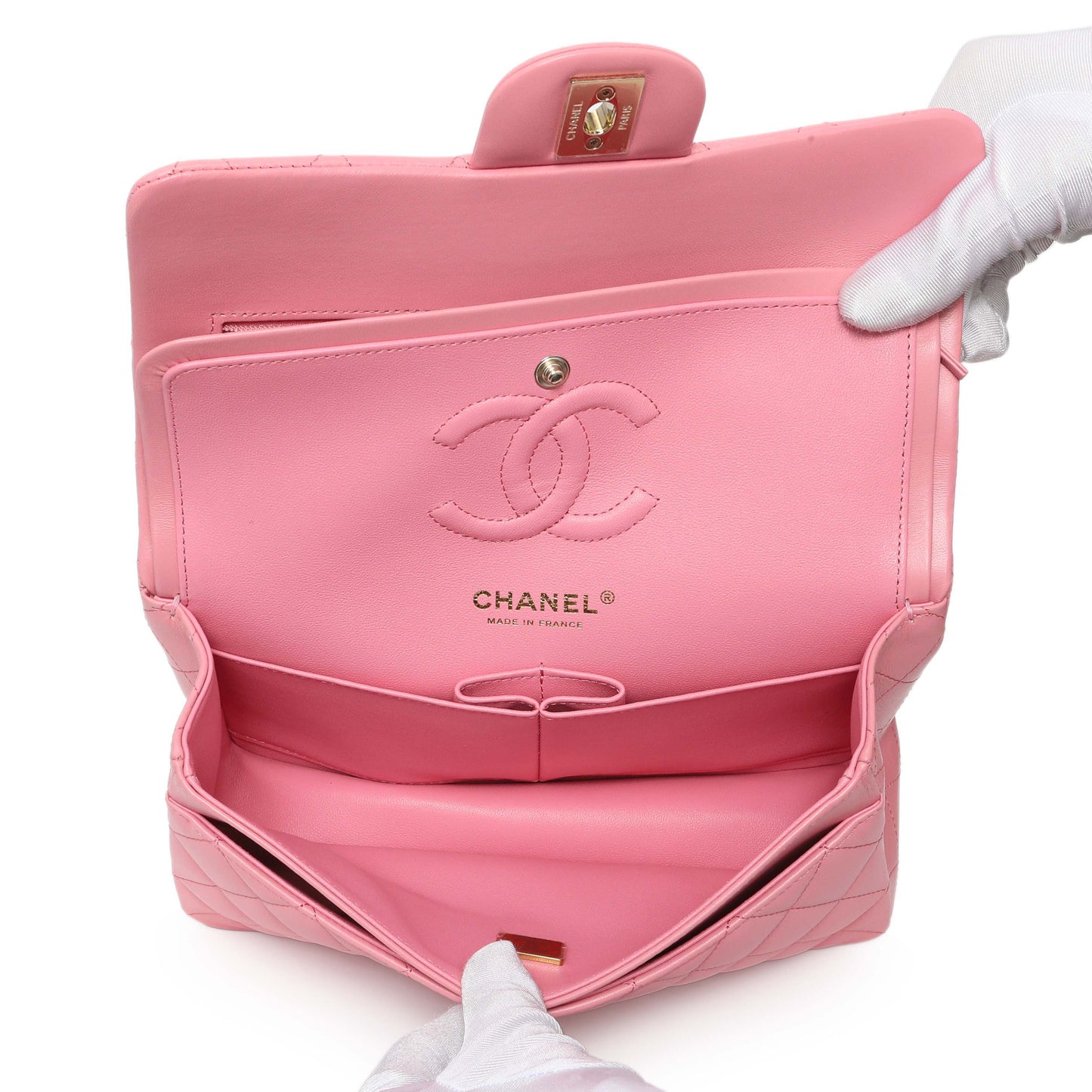 Exclusive Chanel Pink Quilted Lambskin Small Double Flap — Top View