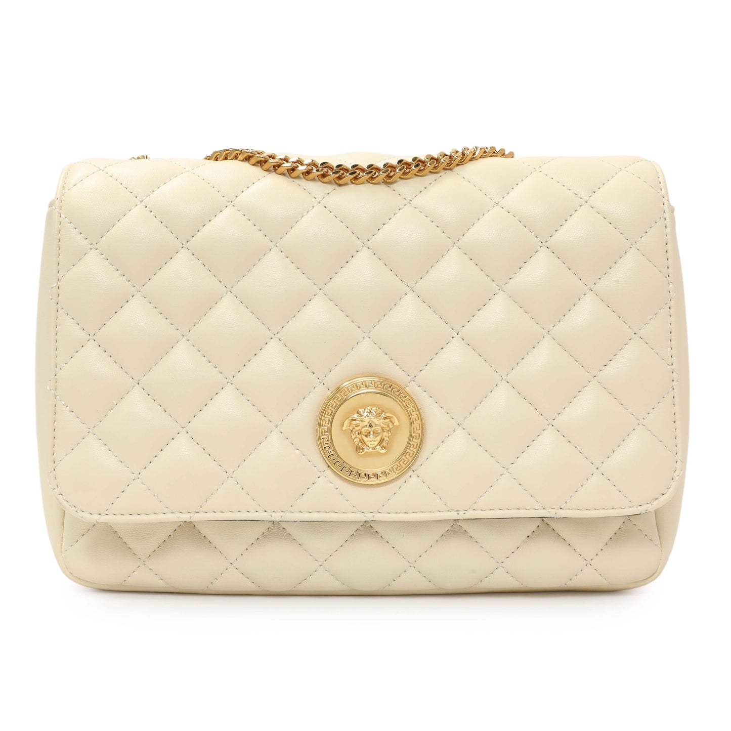 Exclusive Versace White Nappa Quilted La Medusa Chain Crossbody — Front View