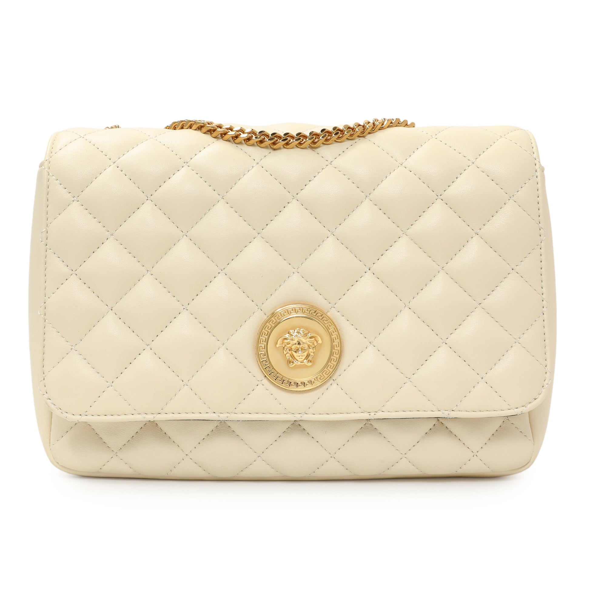 Exclusive Versace White Nappa Quilted La Medusa Chain Crossbody — Front View