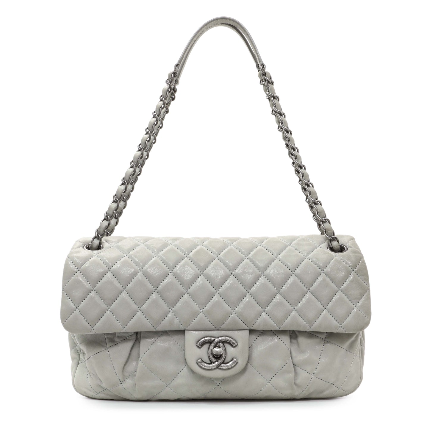 Exclusive Chanel Grey Quilted Iridescent Calfskin Leather Chic Quilt Flap Bag — Front View