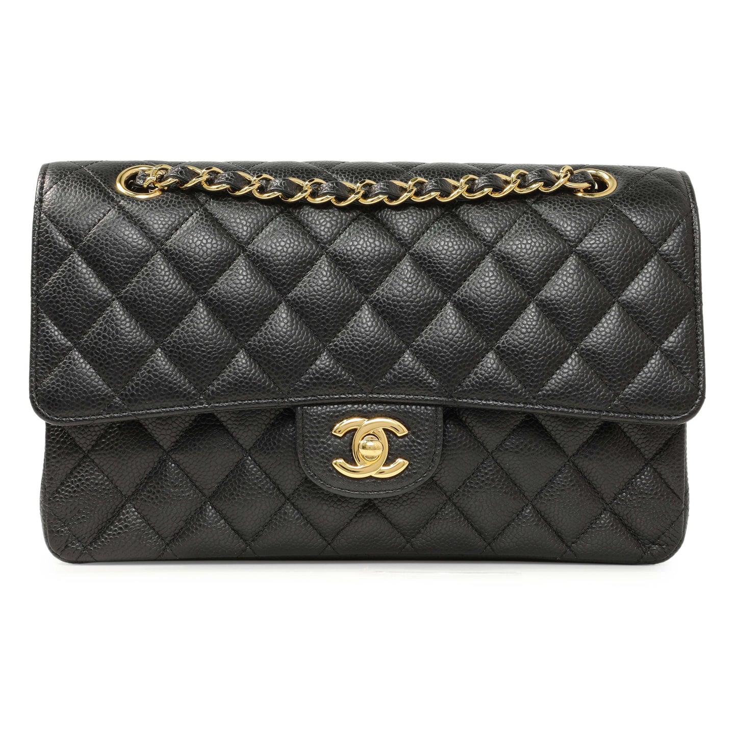 Exclusive Chanel Black Quilted Caviar Medium Classic Double Flap — Front View