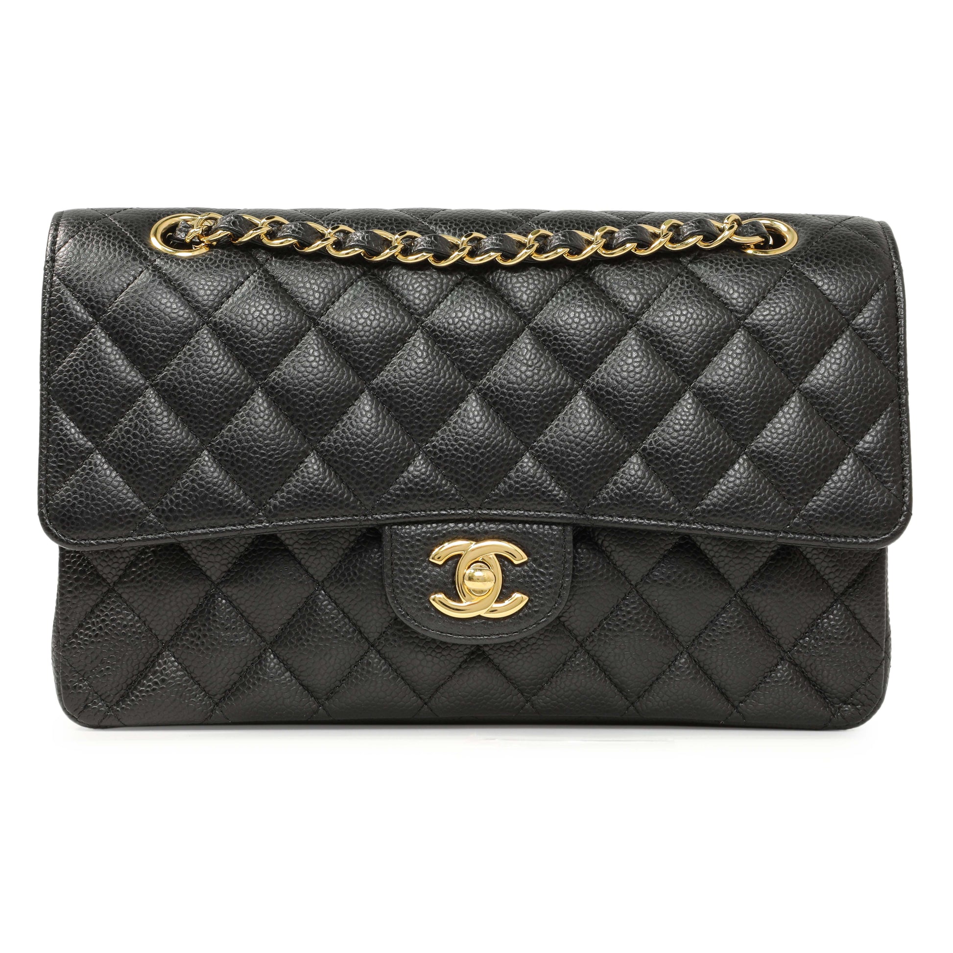 Exclusive Chanel Black Quilted Caviar Medium Classic Double Flap — Front View