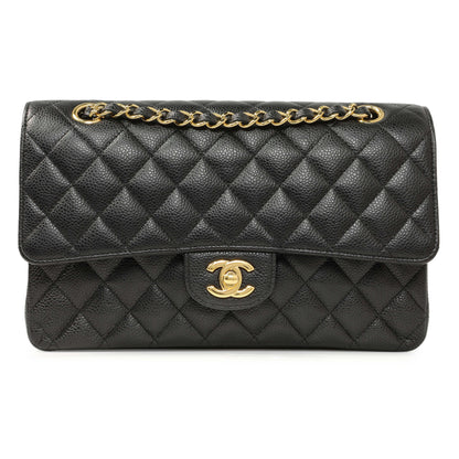 Exclusive Chanel Black Quilted Caviar Medium Classic Double Flap — Front View