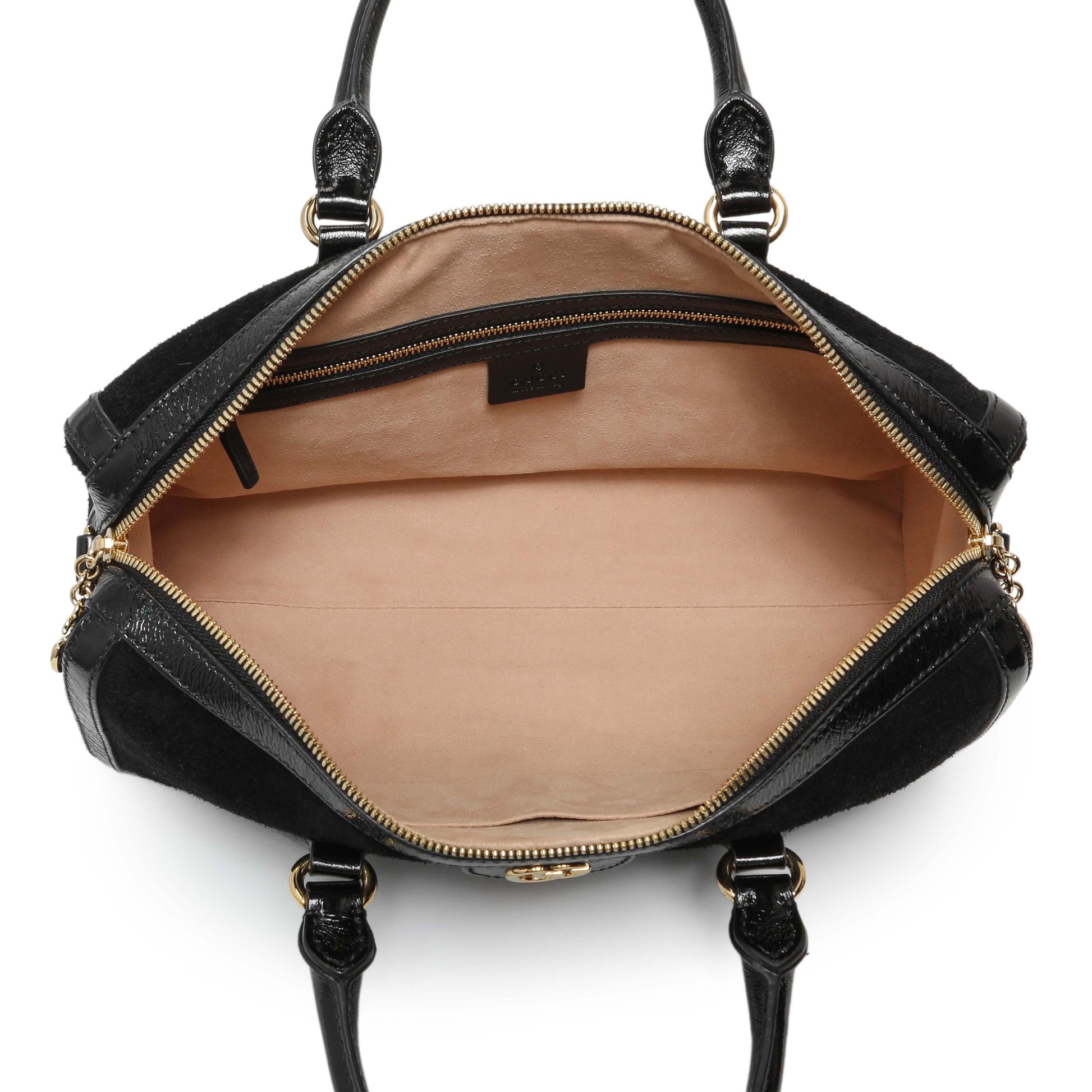 Exclusive Gucci Black Suede Patent GG Web Medium Ophidia Boston Bag — Top View