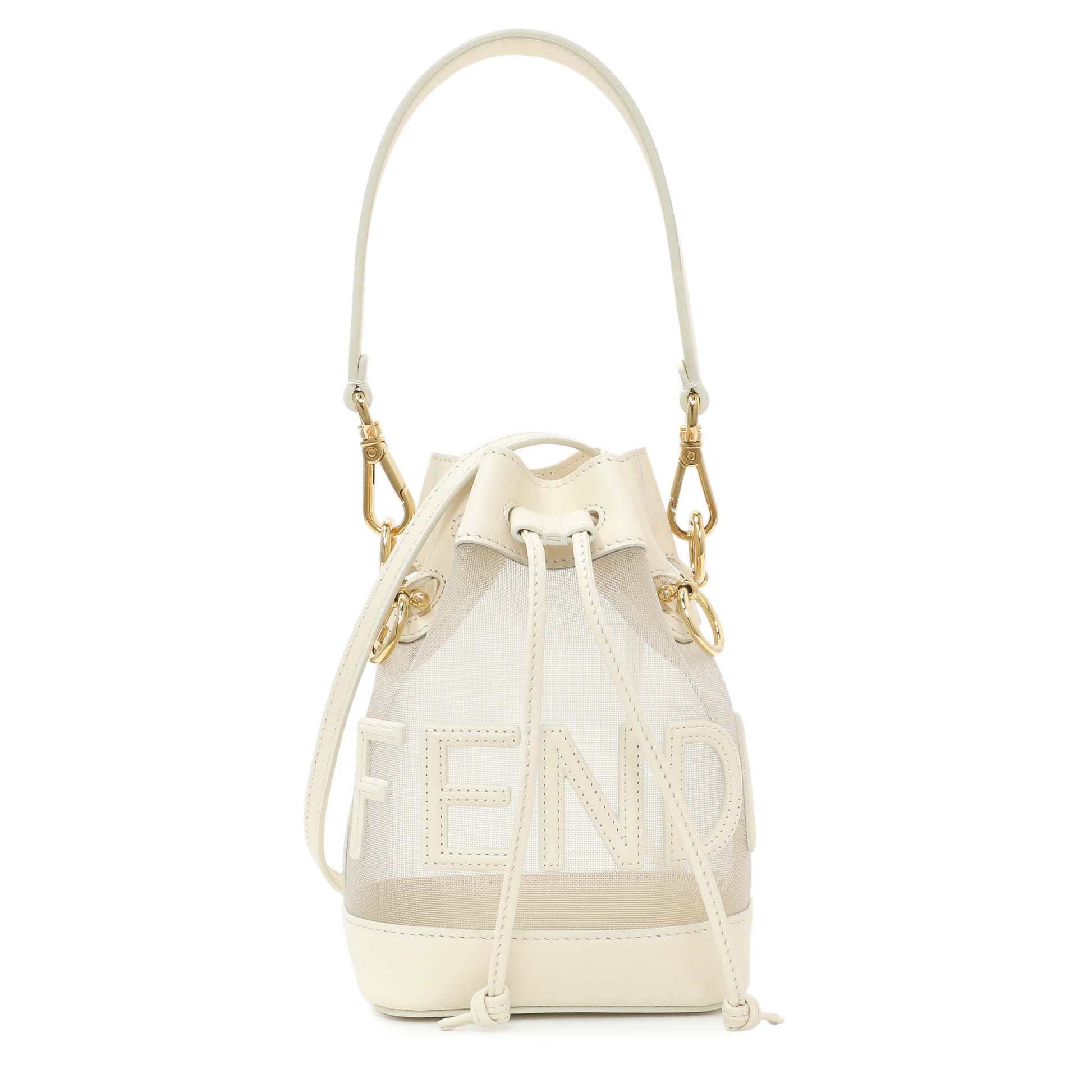 Exclusive Fendi Sabbia White Ice Mesh Vitello King F is Fendi Logo Embroidered Mini Mon Tresor Bucket Bag — Front View