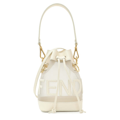 Exclusive Fendi Sabbia White Ice Mesh Vitello King F is Fendi Logo Embroidered Mini Mon Tresor Bucket Bag — Front View