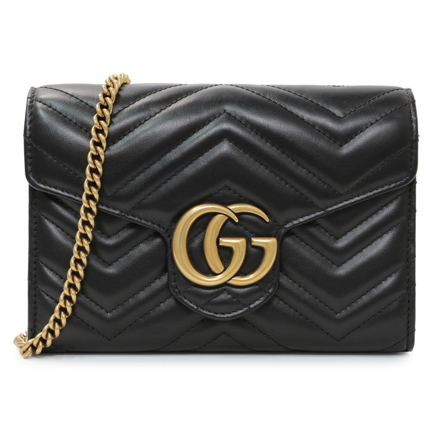 Exclusive Gucci Black Calfskin Matelasse GG Marmont Chain Wallet — Front View