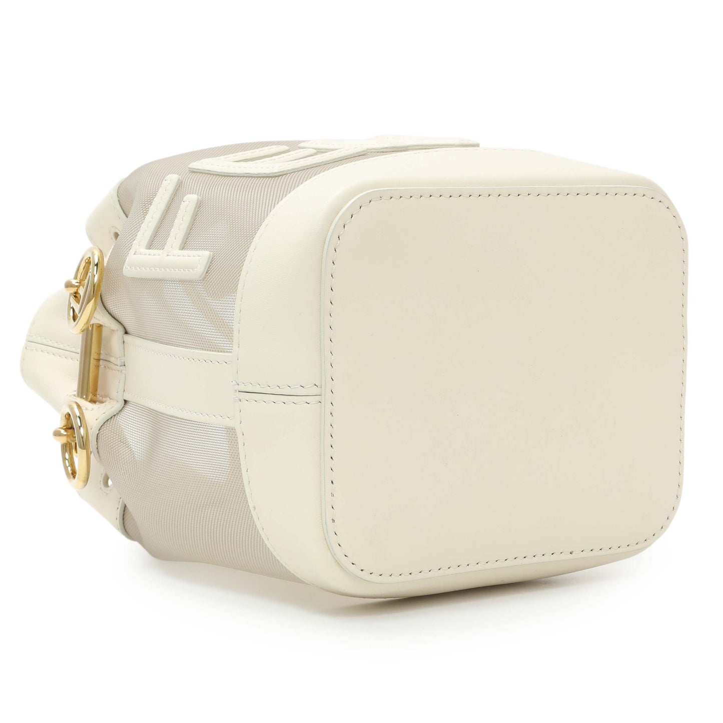 Exclusive Fendi Sabbia White Ice Mesh Vitello King F is Fendi Logo Embroidered Mini Mon Tresor Bucket Bag — Back View