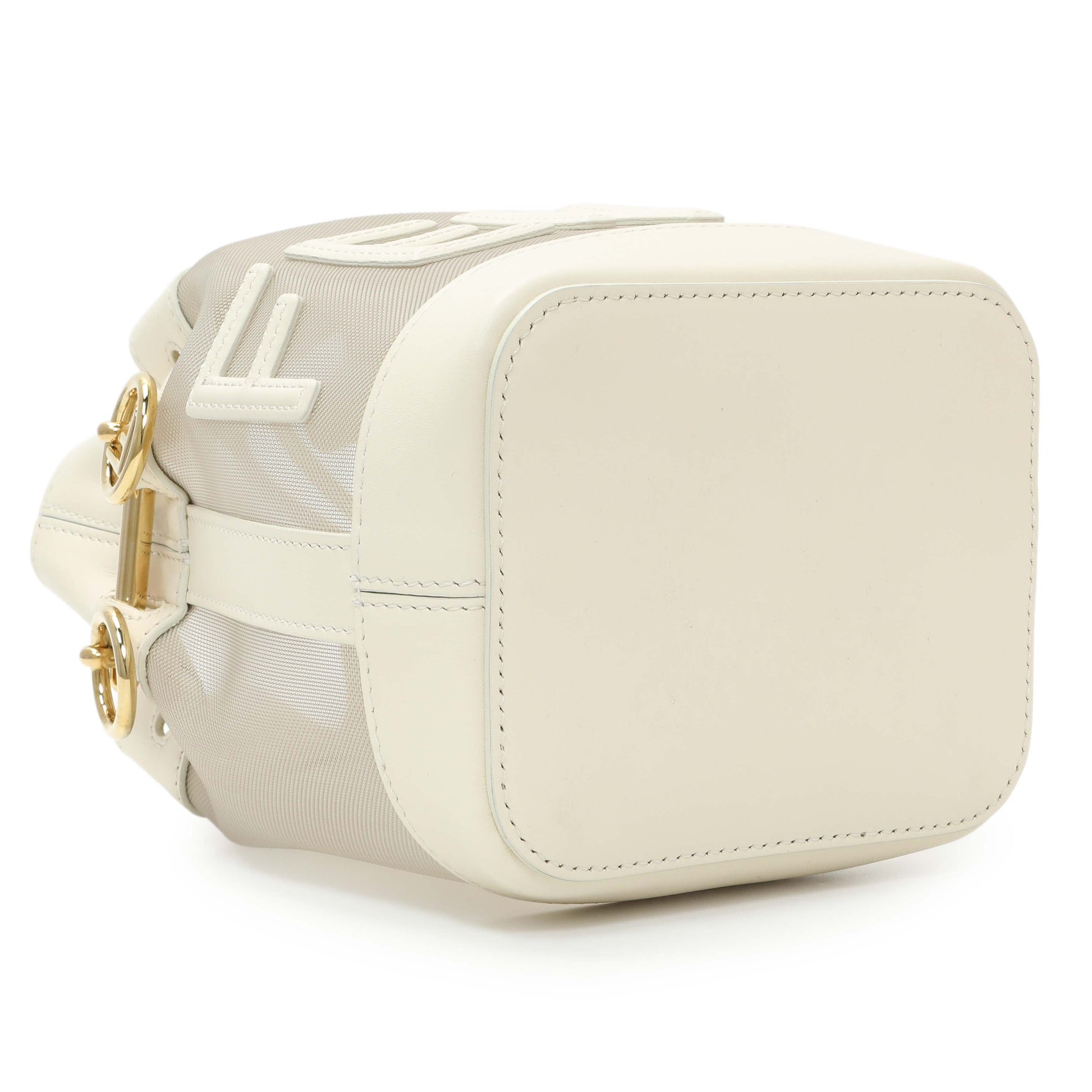Exclusive Fendi Sabbia White Ice Mesh Vitello King F is Fendi Logo Embroidered Mini Mon Tresor Bucket Bag — Back View