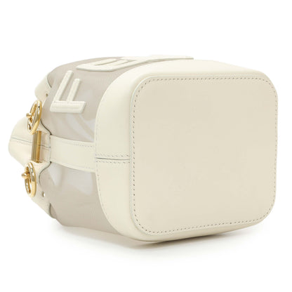 Exclusive Fendi Sabbia White Ice Mesh Vitello King F is Fendi Logo Embroidered Mini Mon Tresor Bucket Bag — Back View