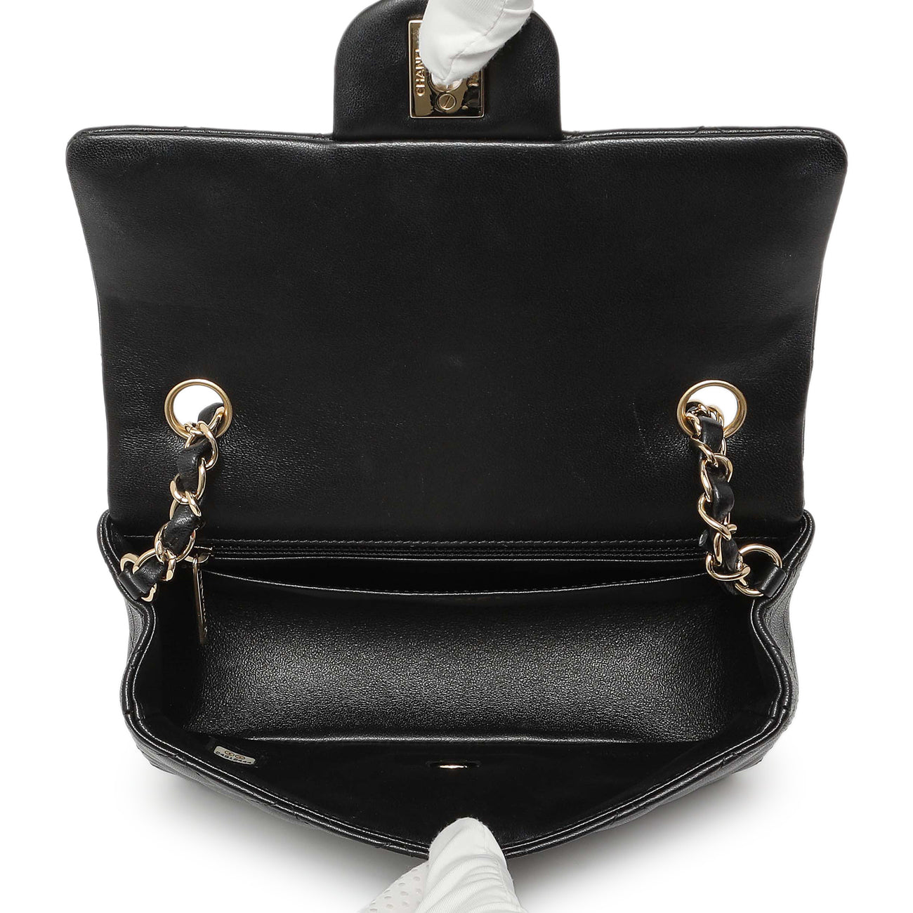 Exclusive Chanel Black Quilted Lambskin Mini Rectangular Flap — Detail View