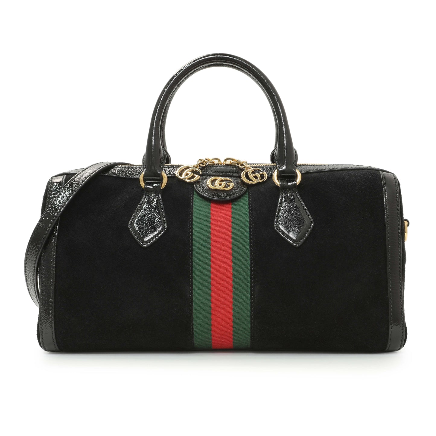 Exclusive Gucci Black Suede Patent GG Web Medium Ophidia Boston Bag — Front View