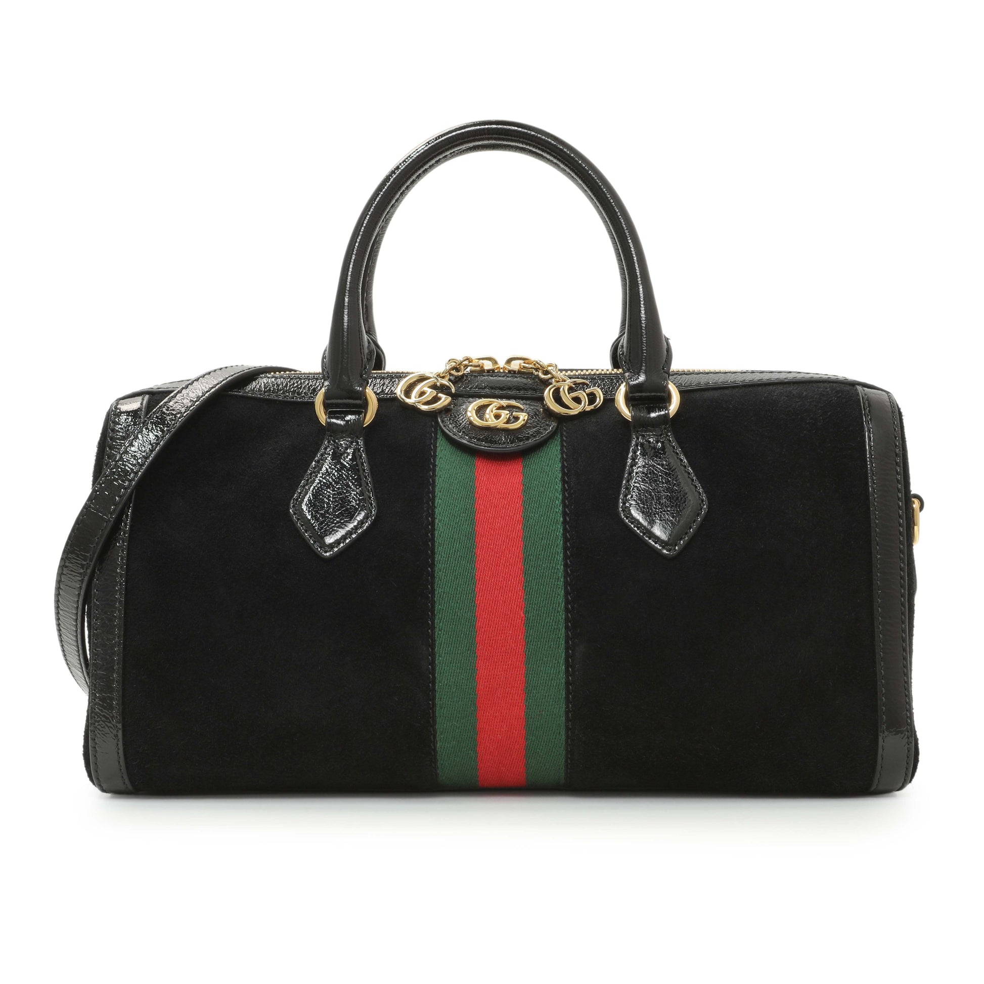Exclusive Gucci Black Suede Patent GG Web Medium Ophidia Boston Bag — Front View