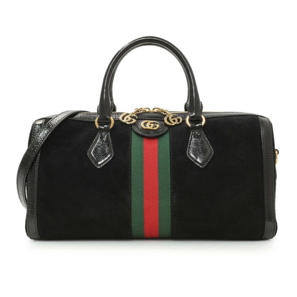 Exclusive Gucci Black Suede Patent GG Web Medium Ophidia Boston Bag — Front View