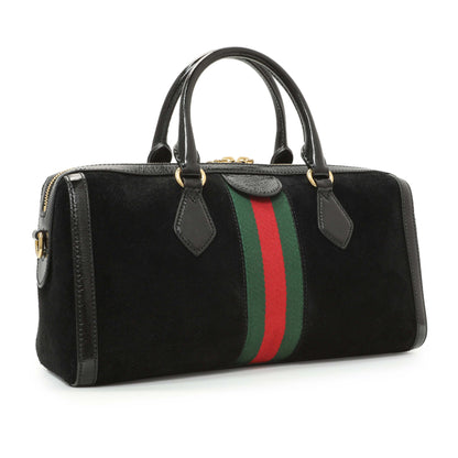 Exclusive Gucci Black Suede Patent GG Web Medium Ophidia Boston Bag — Side View