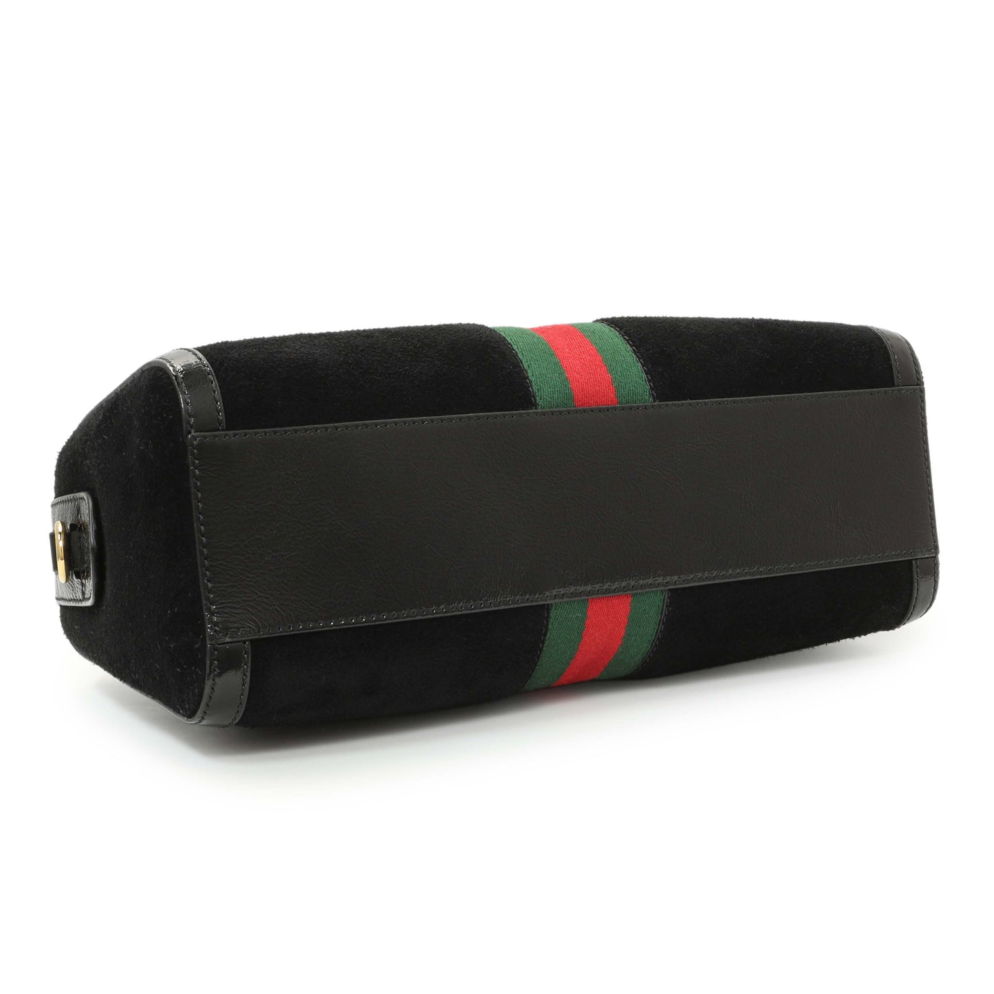 Exclusive Gucci Black Suede Patent GG Web Medium Ophidia Boston Bag — Back View