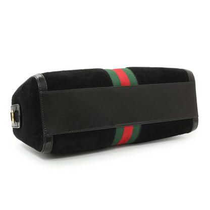 Exclusive Gucci Black Suede Patent GG Web Medium Ophidia Boston Bag — Back View
